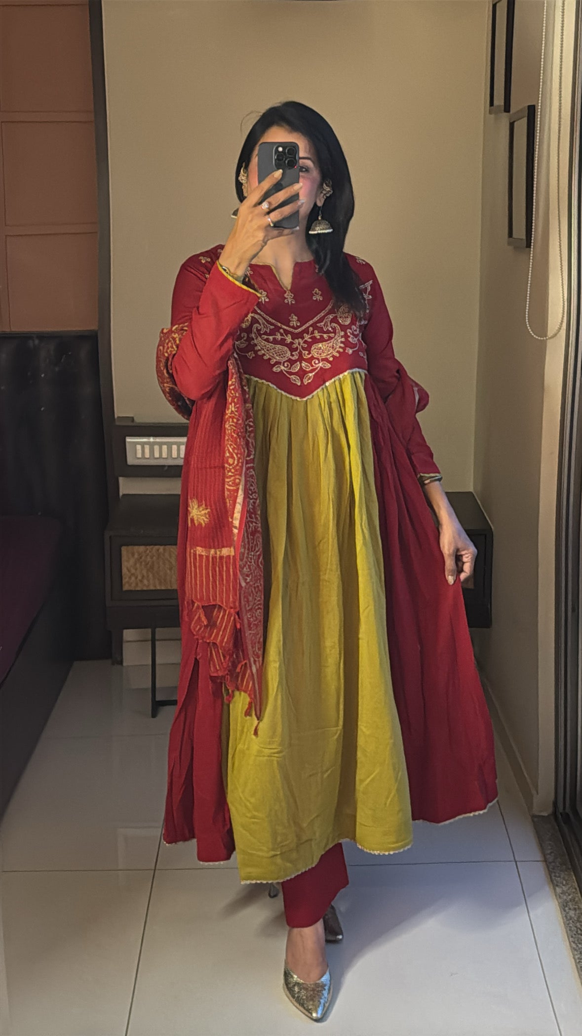 Green & Red Yoke Embroidered Anarkali Set with Kota Doria Hand-Print Dupatta | Mul Cotton