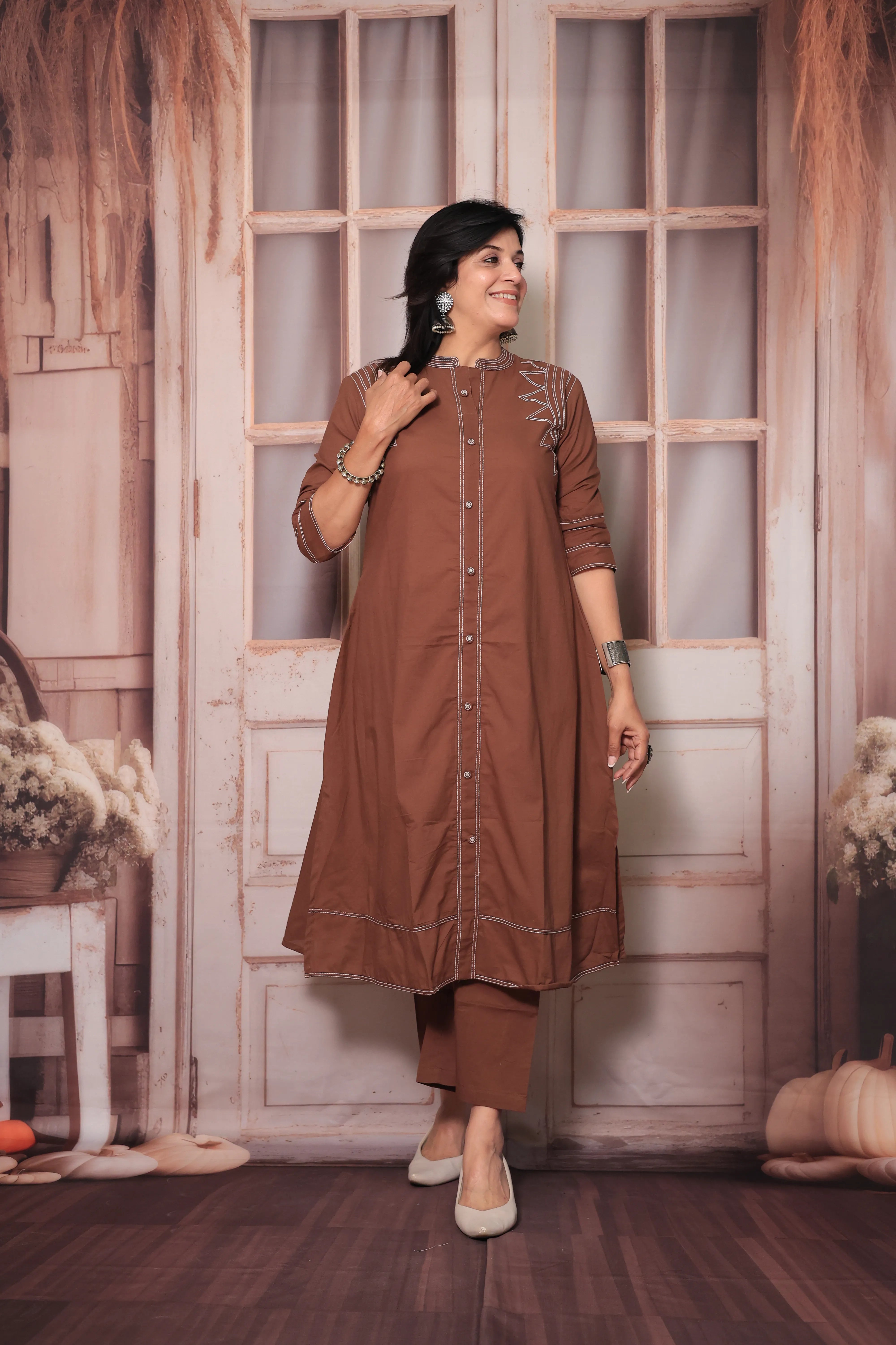 Cinnamon Brown A-Line Kurti Pant Set in Soft Cotton with Thread Embroidery