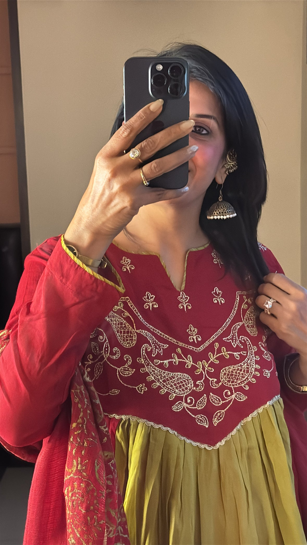 Green & Red Yoke Embroidered Anarkali Set with Kota Doria Hand-Print Dupatta | Mul Cotton