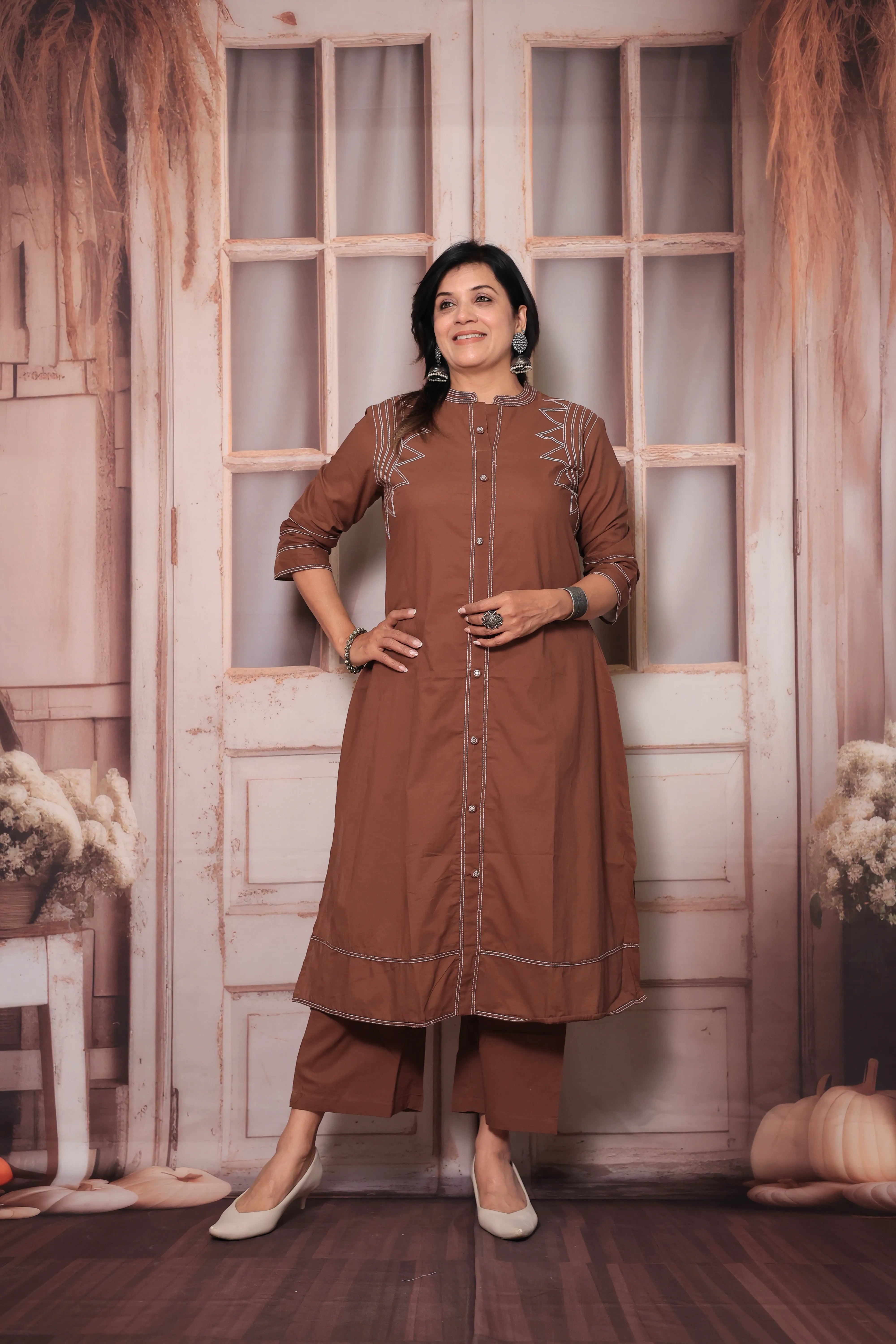 Cinnamon Brown A-Line Kurti Pant Set in Soft Cotton with Thread Embroidery