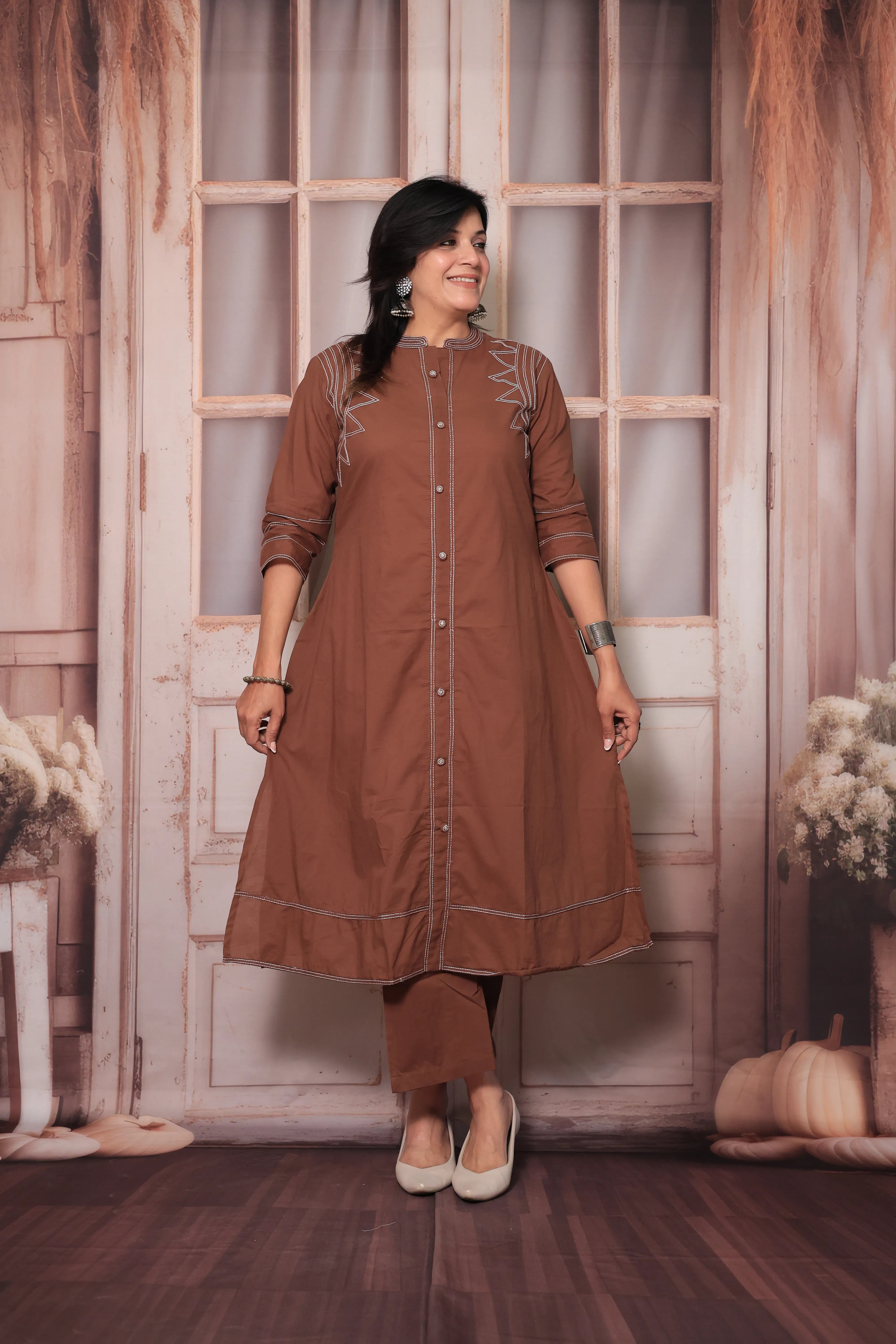 Cinnamon Brown A-Line Kurti Pant Set in Soft Cotton with Thread Embroidery