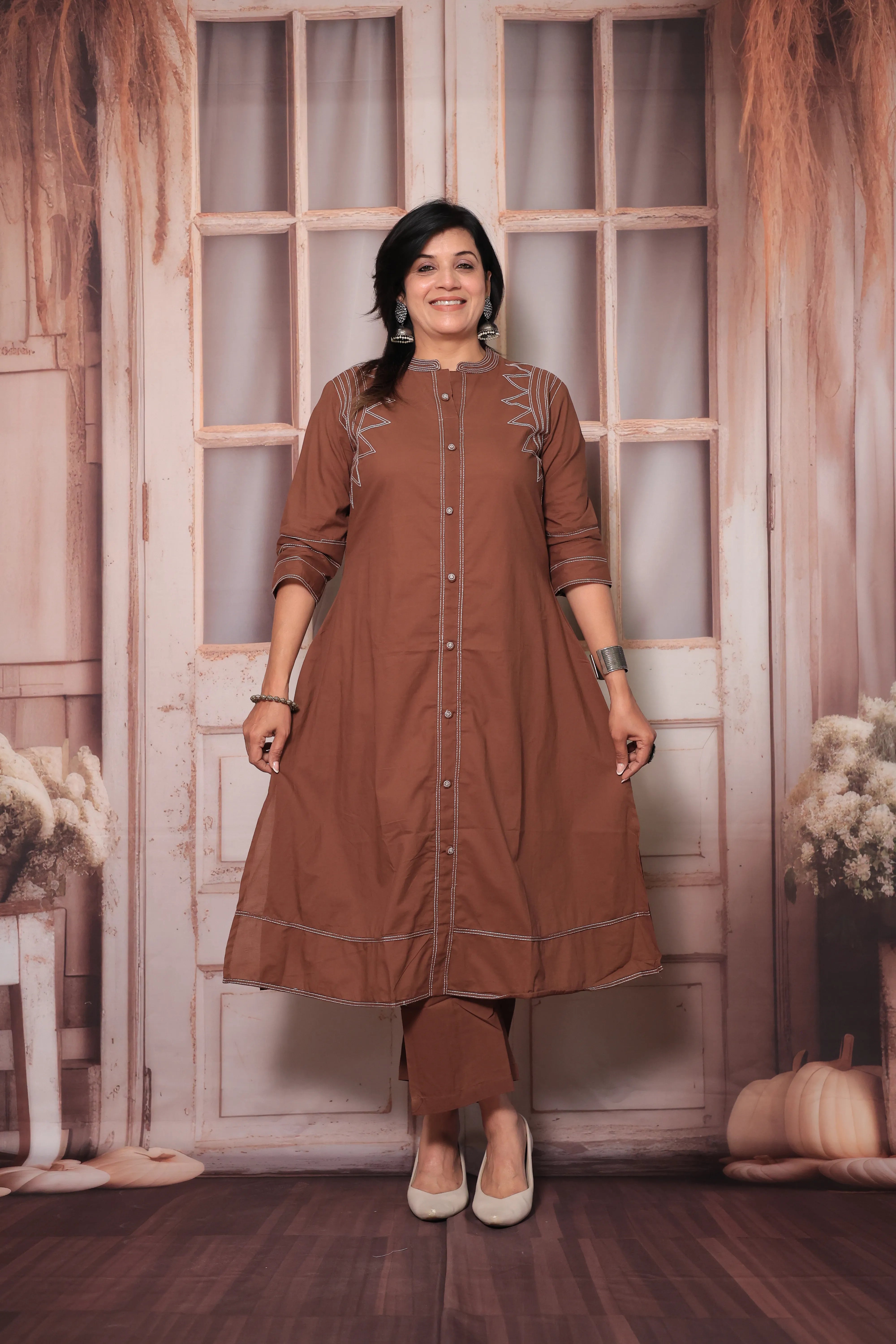 Cinnamon Brown A-Line Kurti Pant Set in Soft Cotton with Thread Embroidery
