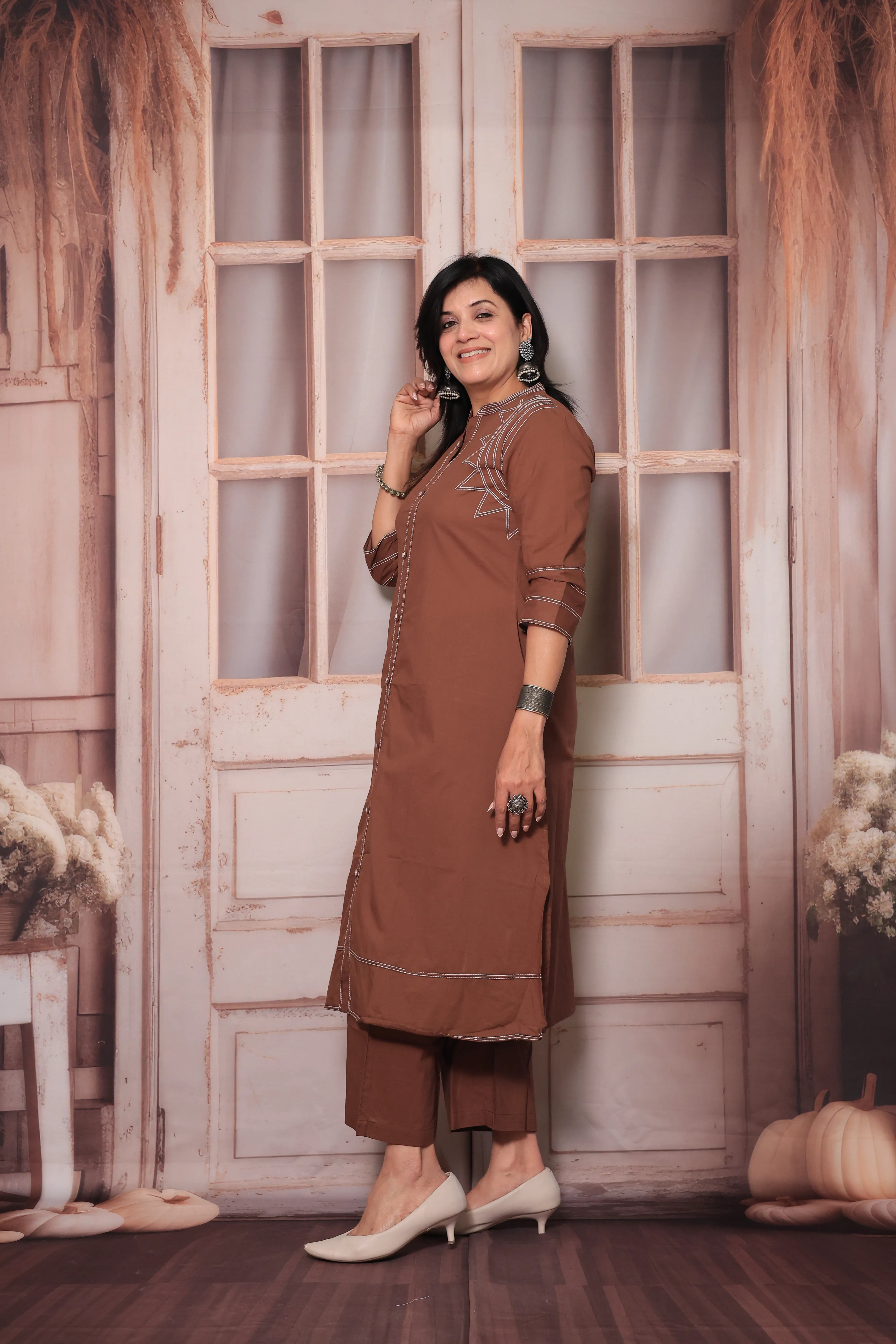 Cinnamon Brown A-Line Kurti Pant Set in Soft Cotton with Thread Embroidery