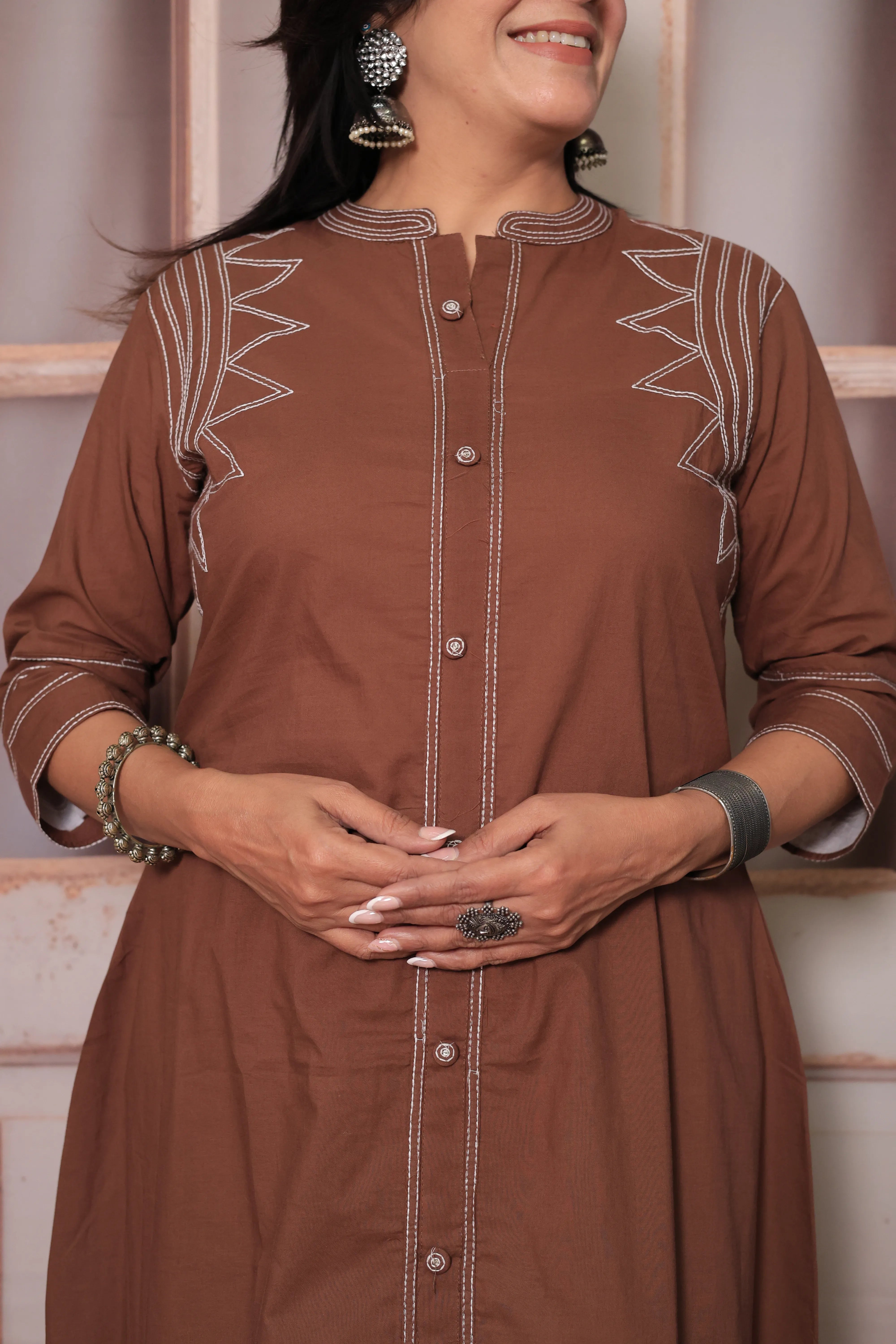 Cinnamon Brown A-Line Kurti Pant Set in Soft Cotton with Thread Embroidery