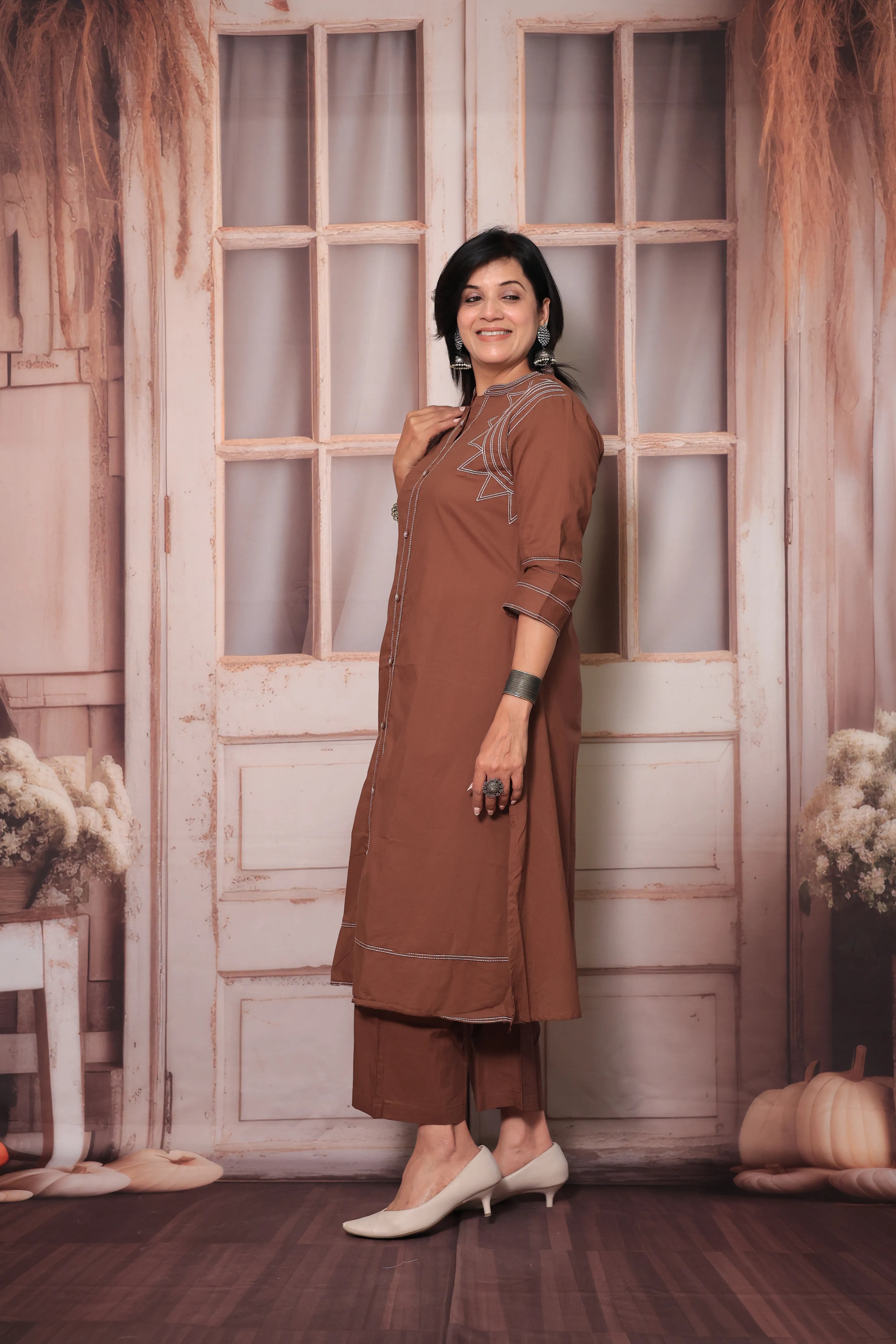 Cinnamon Brown A-Line Kurti Pant Set in Soft Cotton with Thread Embroidery