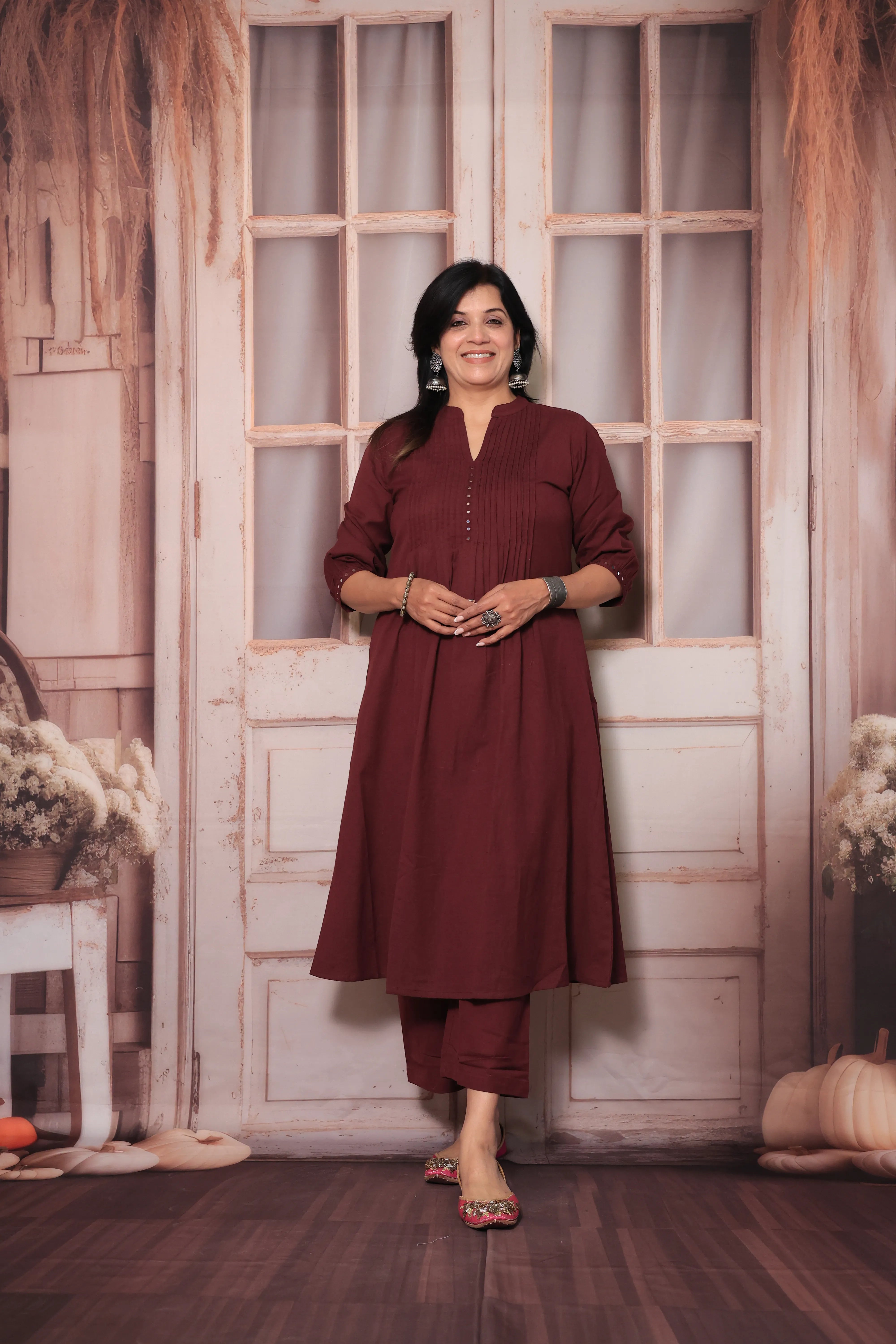 Burgundy Wine A-Line Pleated Yoke Kurti Pant Set in Flex Cotton with Mirror Work for Women