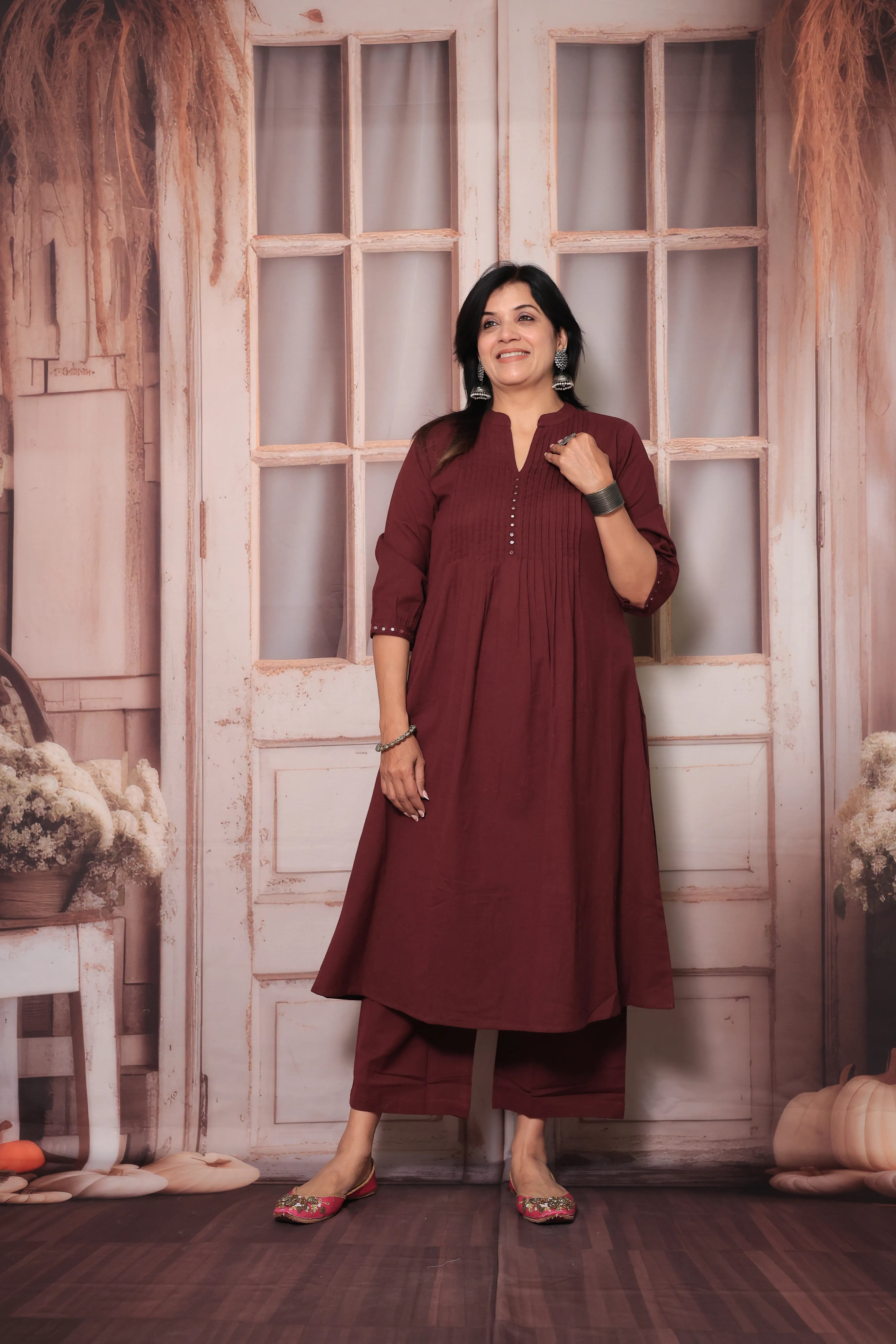 Burgundy Wine A-Line Pleated Yoke Kurti Pant Set in Flex Cotton with Mirror Work for Women