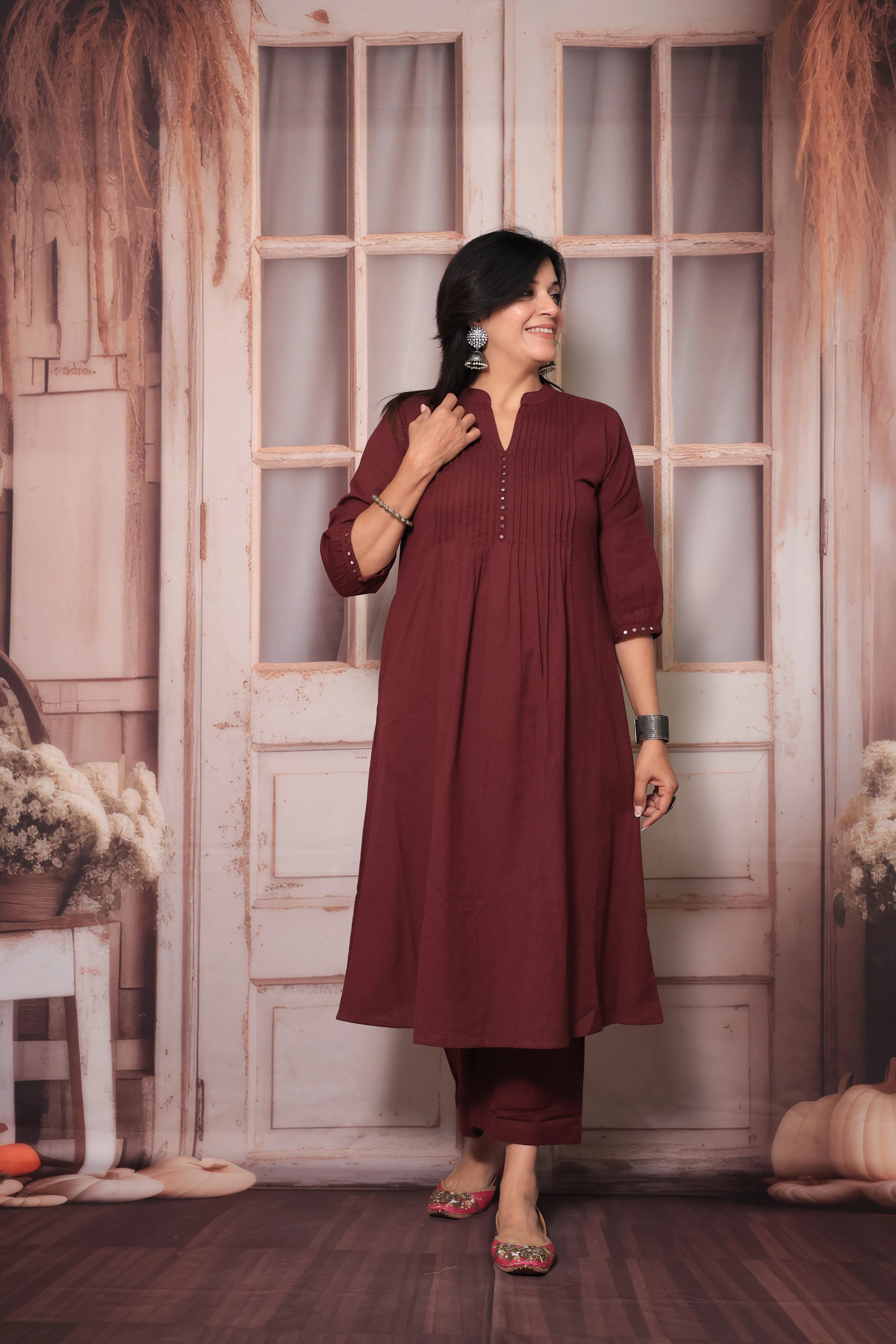Burgundy Wine A-Line Pleated Yoke Kurti Pant Set in Flex Cotton with Mirror Work for Women
