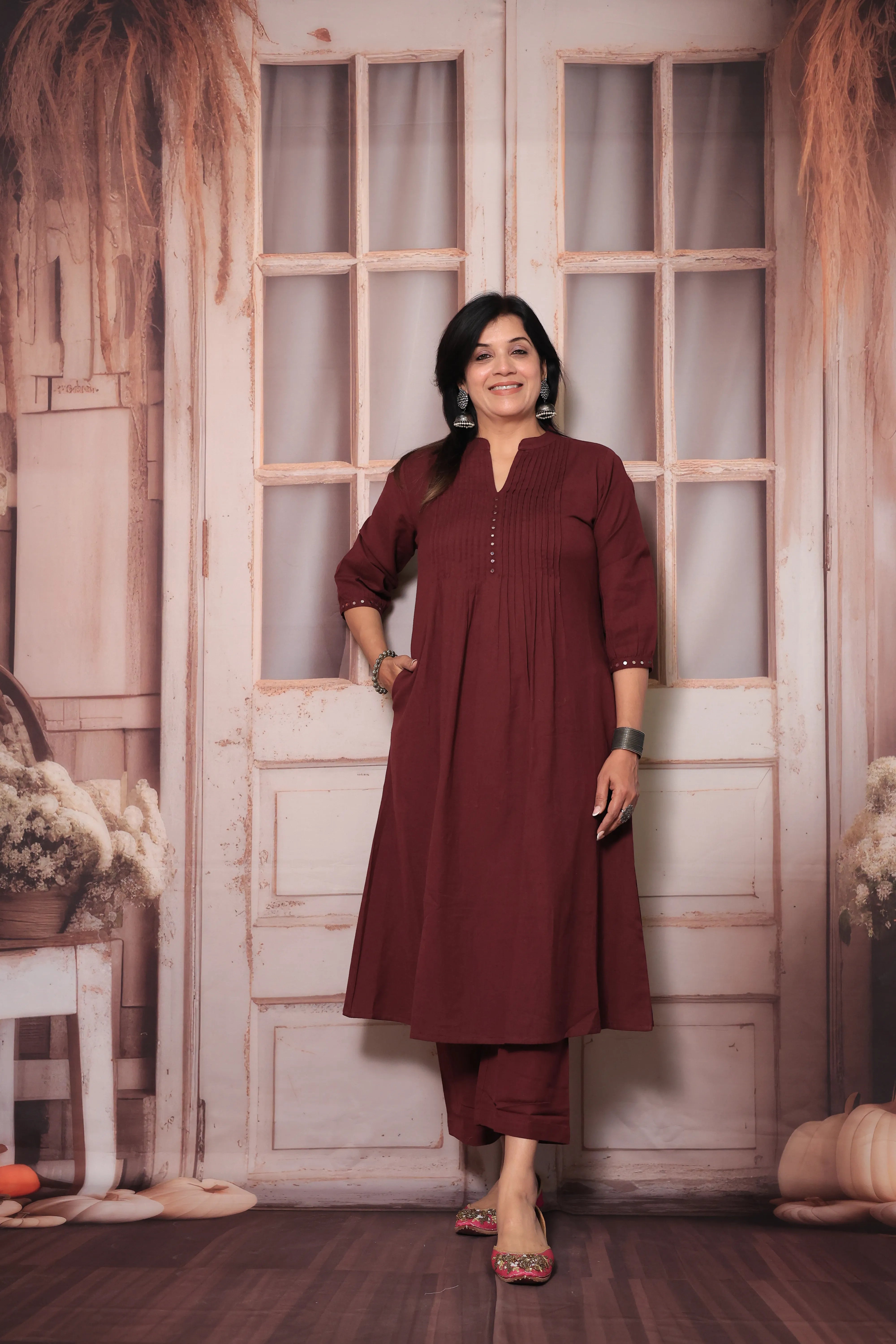 Burgundy Wine A-Line Pleated Yoke Kurti Pant Set in Flex Cotton with Mirror Work for Women