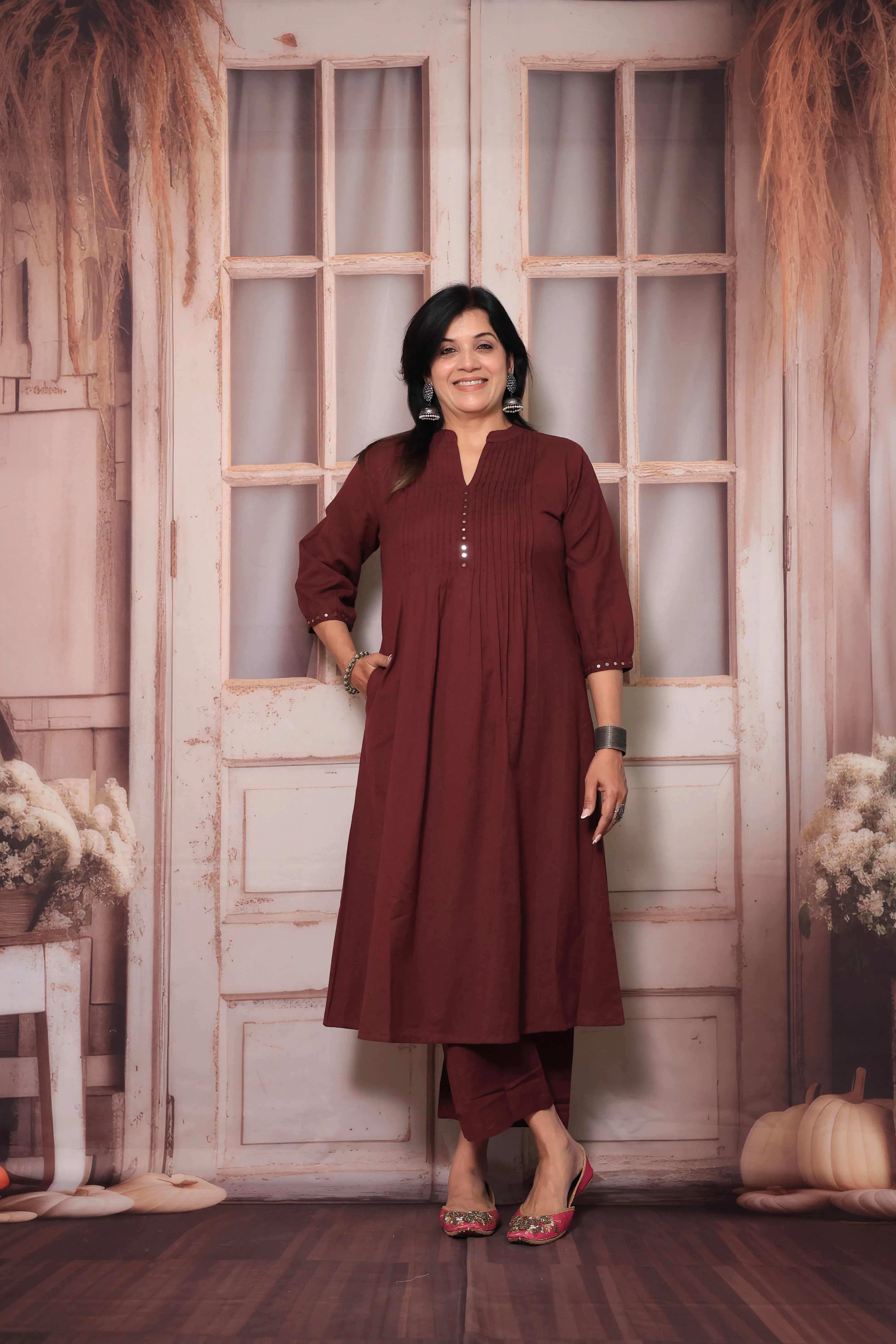 Burgundy Wine A-Line Pleated Yoke Kurti Pant Set in Flex Cotton with Mirror Work for Women