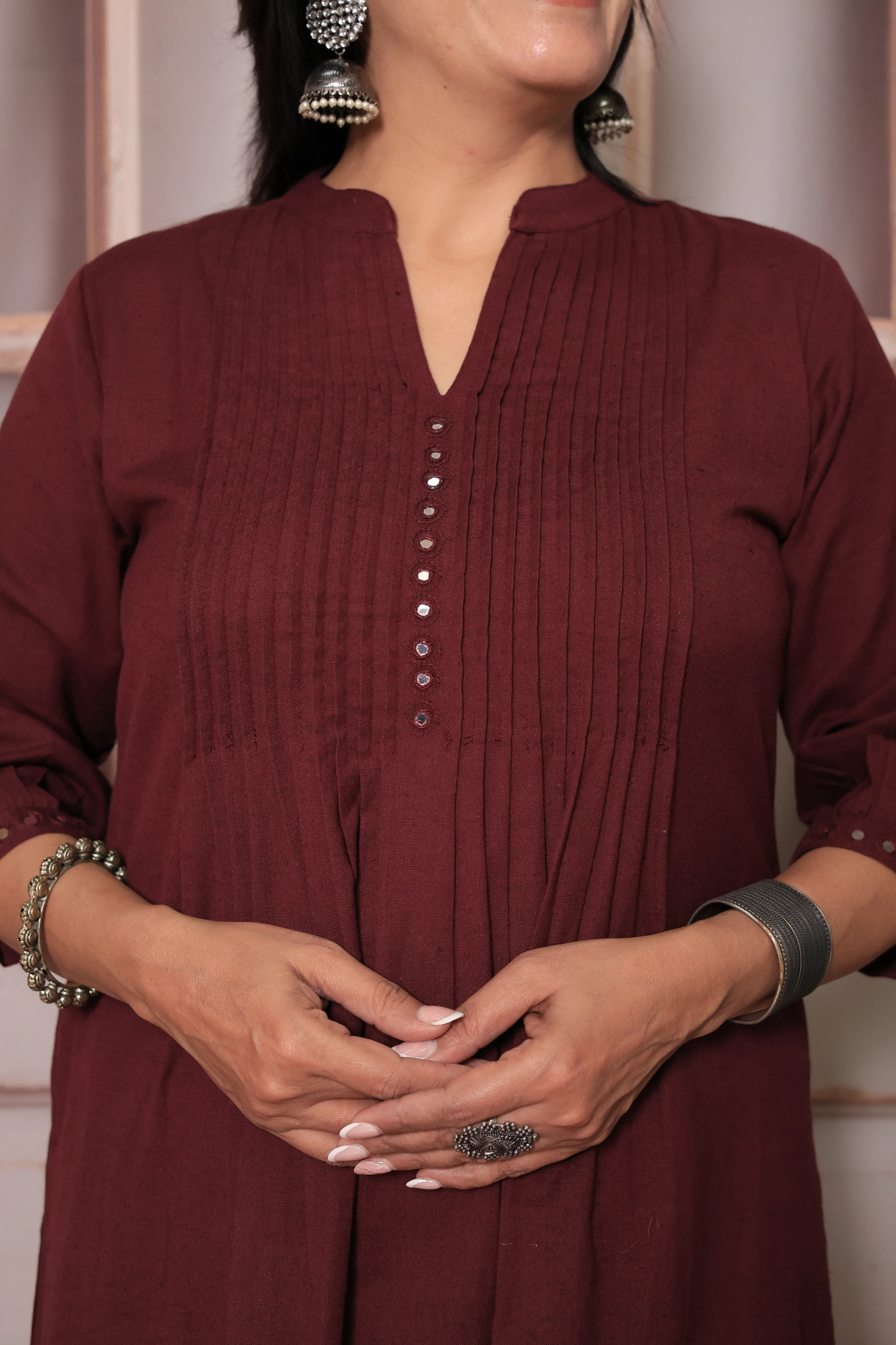 Burgundy Wine A-Line Pleated Yoke Kurti Pant Set in Flex Cotton with Mirror Work for Women