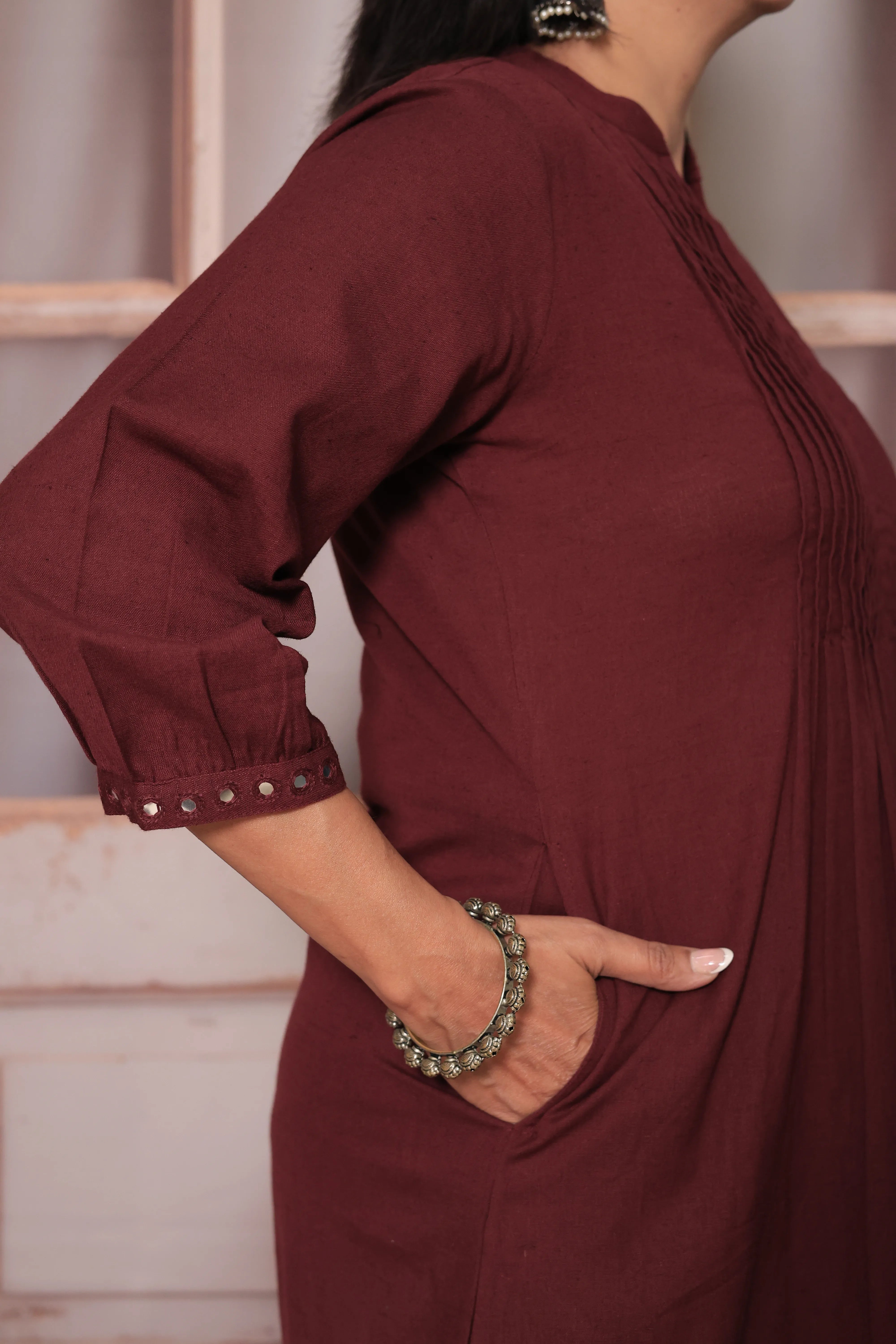 Burgundy Wine A-Line Pleated Yoke Kurti Pant Set in Flex Cotton with Mirror Work for Women