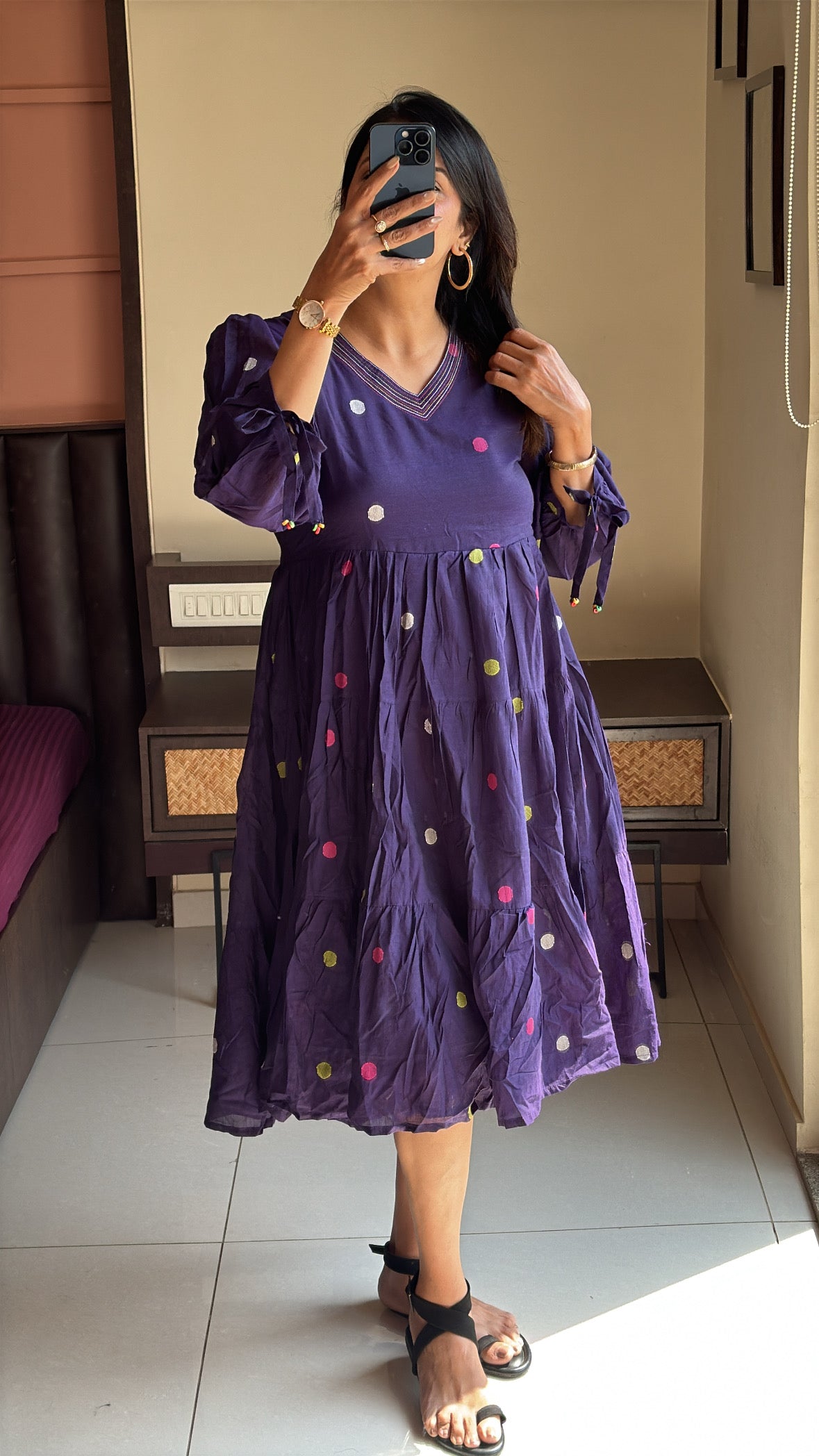 Dark Purple Polka Dot Work One-Piece Dress | Pure Mul Mul