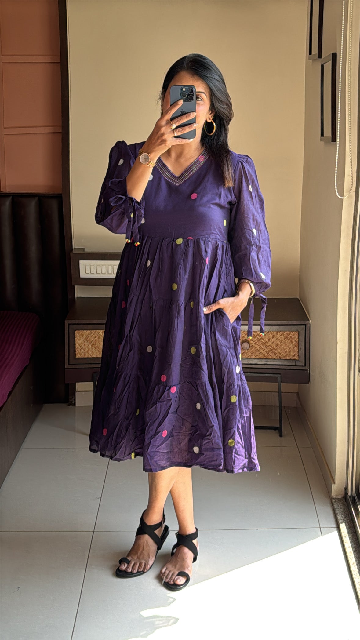 Dark Purple Polka Dot Work One-Piece Dress | Pure Mul Mul