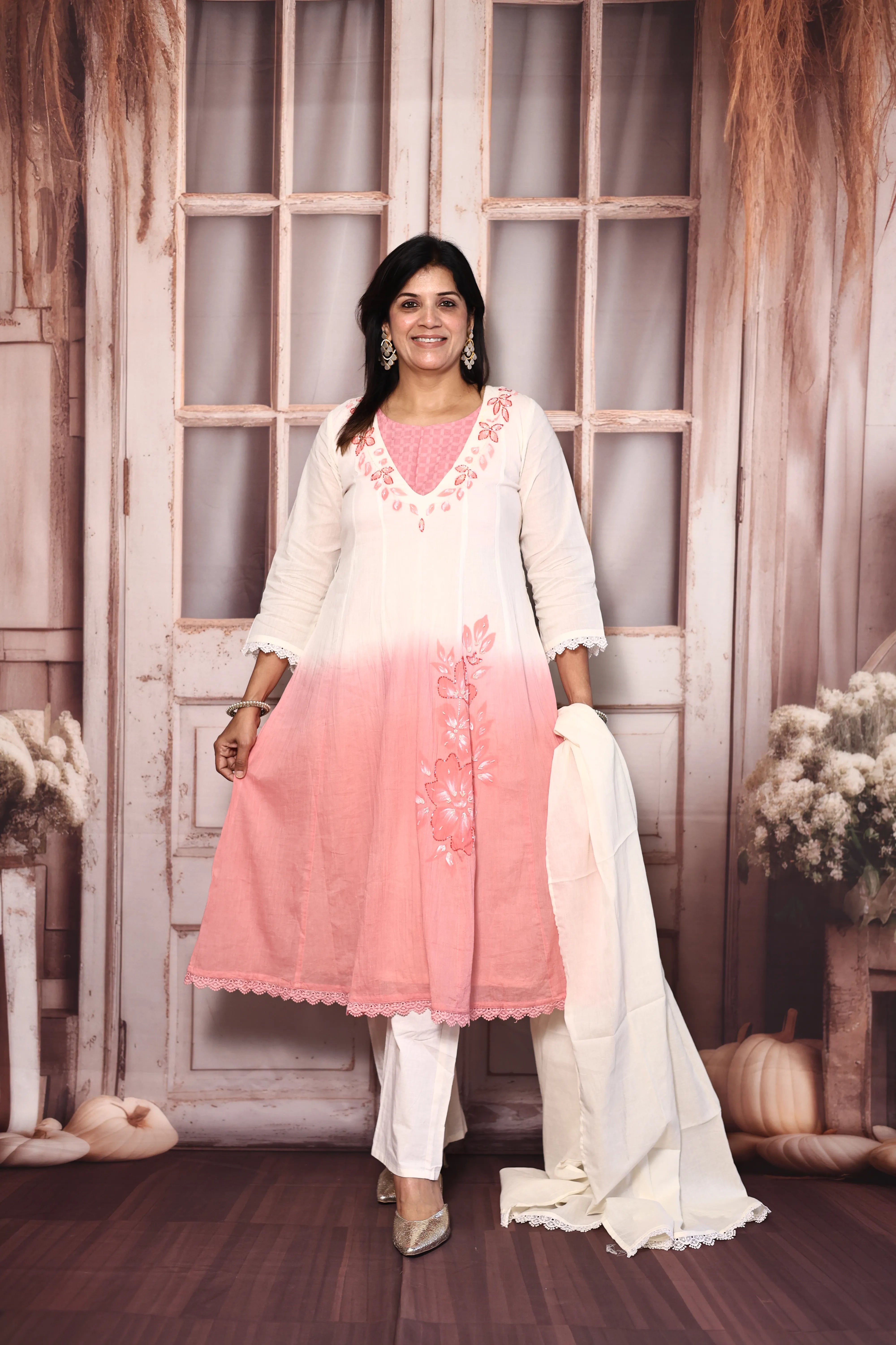 Off White & Peach Deep Neck A-Line Dupatta Set with Bustier | Premium Cotton Floral Hand Print