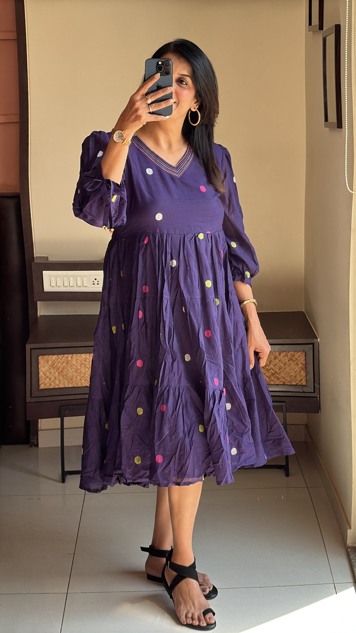 Dark Purple Polka Dot Work One-Piece Dress | Pure Mul Mul