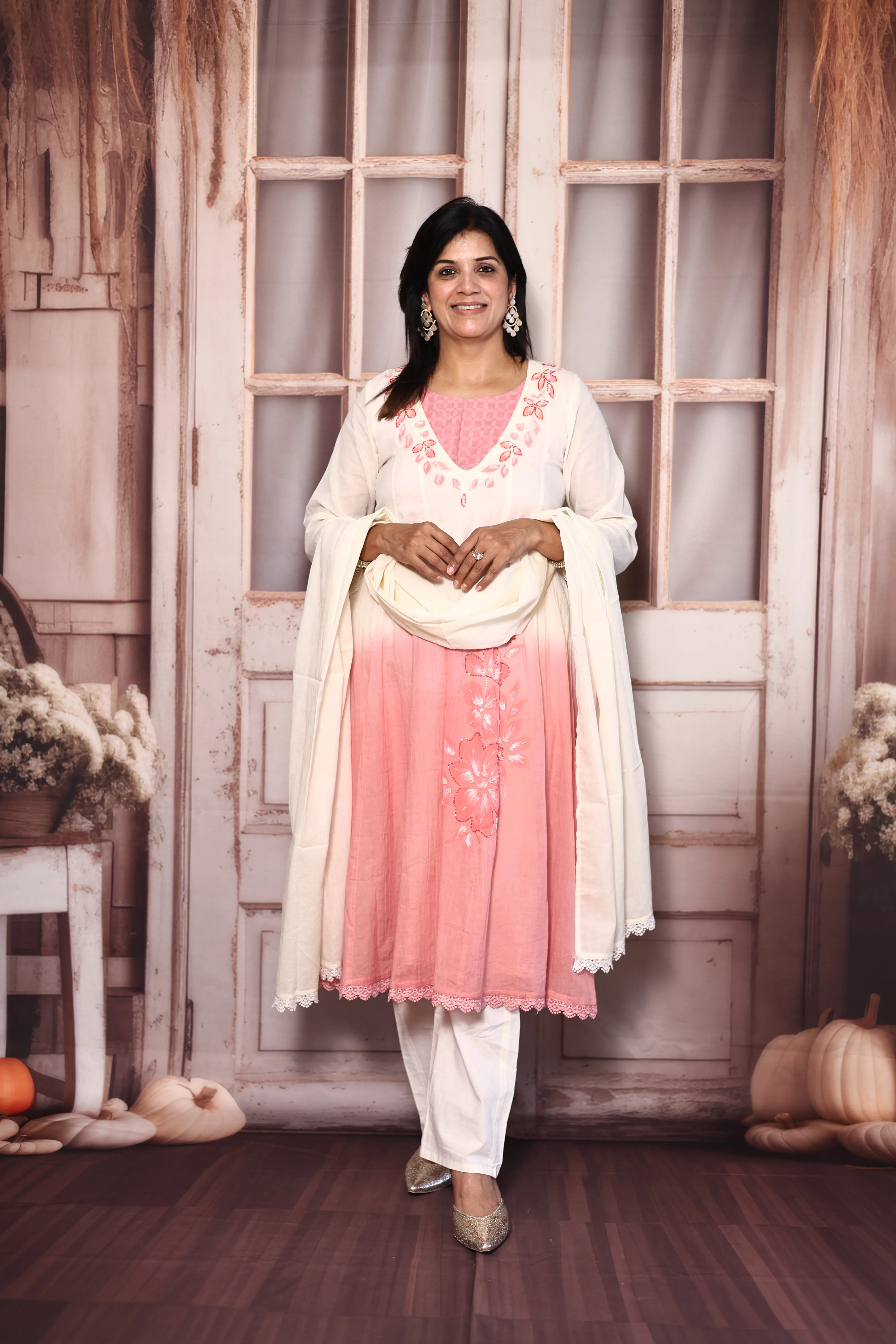 Off White & Peach Deep Neck A-Line Dupatta Set with Bustier | Premium Cotton Floral Hand Print