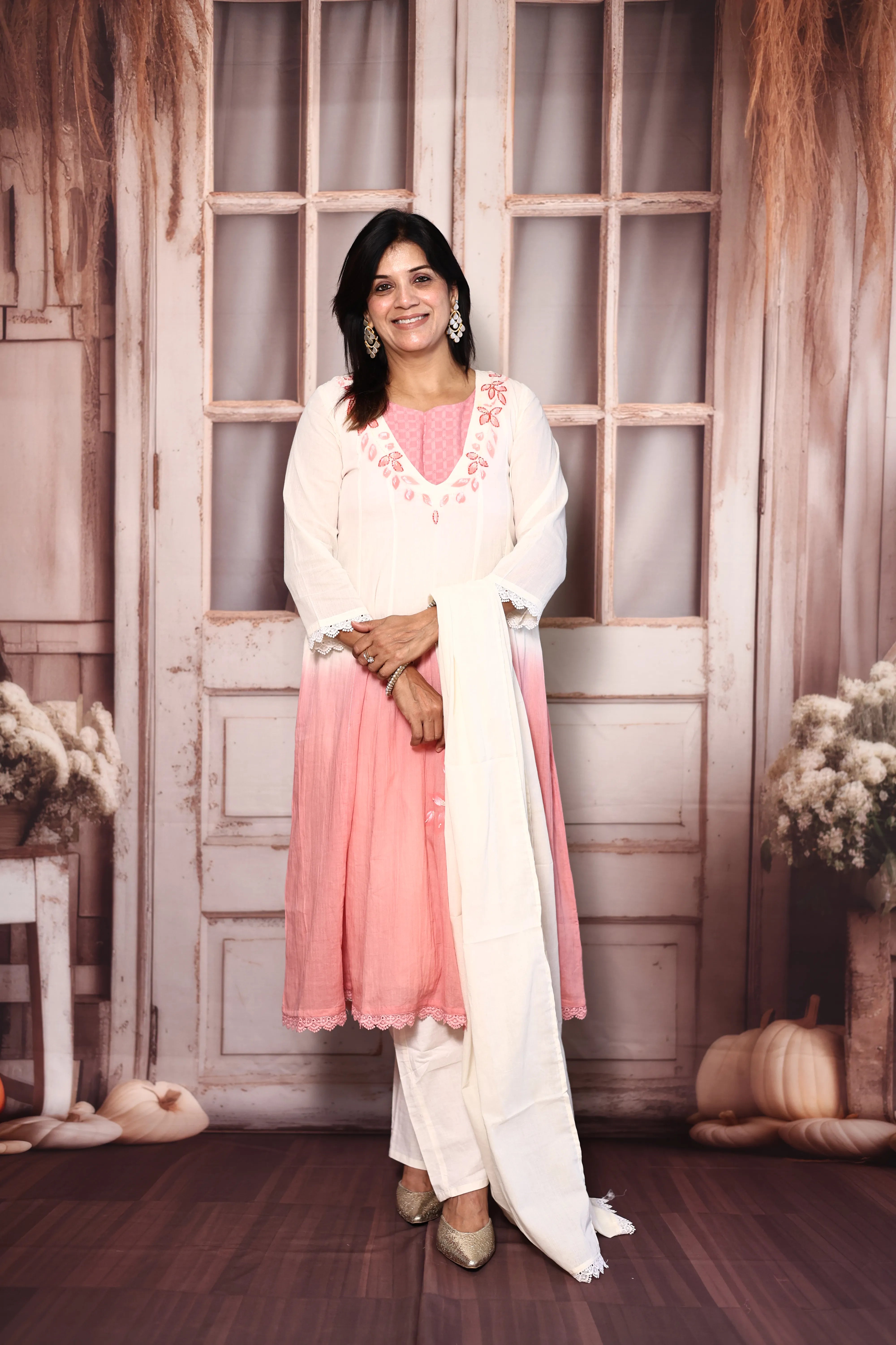 Off White & Peach Deep Neck A-Line Dupatta Set with Bustier | Premium Cotton Floral Hand Print