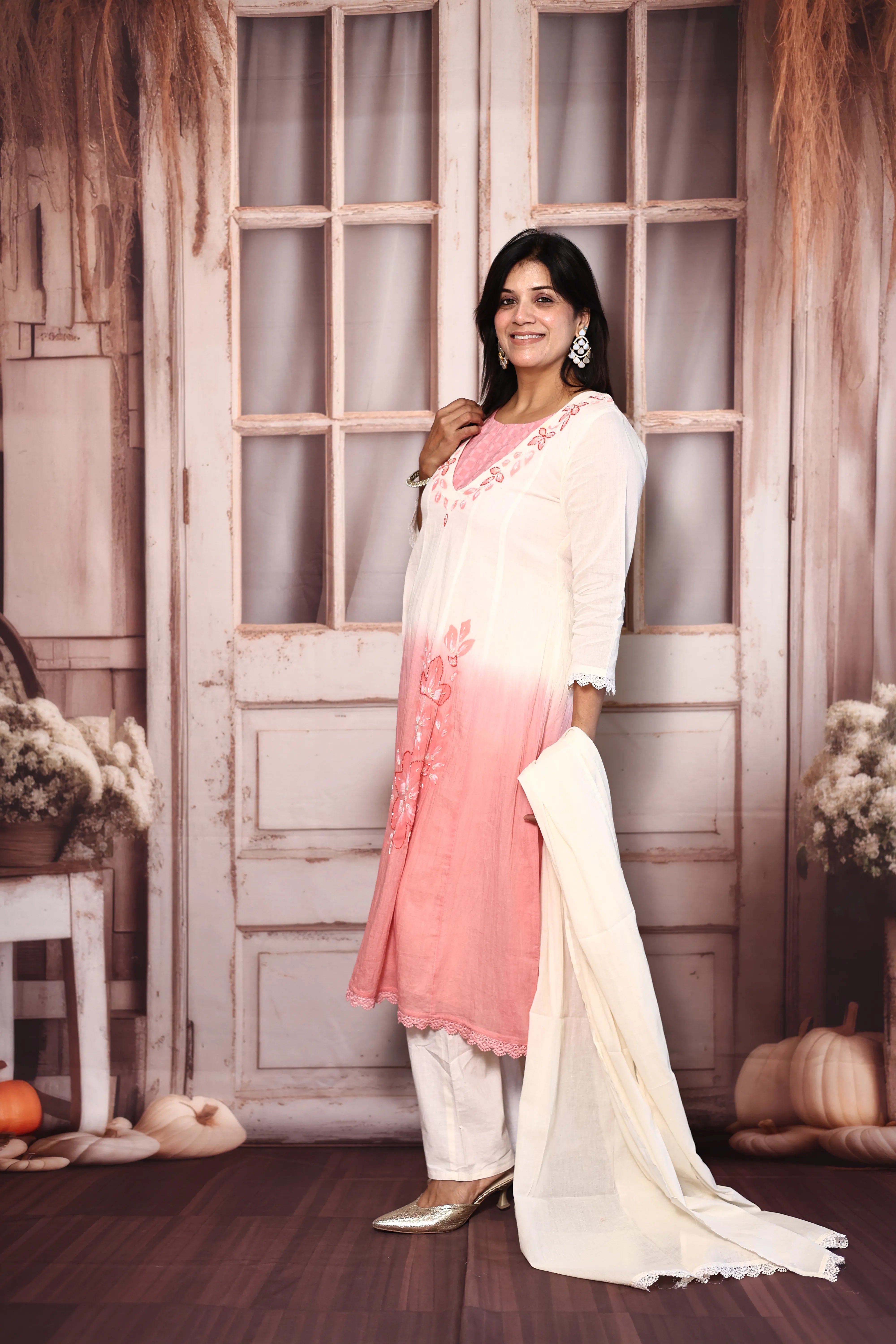 Off White & Peach Deep Neck A-Line Dupatta Set with Bustier | Premium Cotton Floral Hand Print
