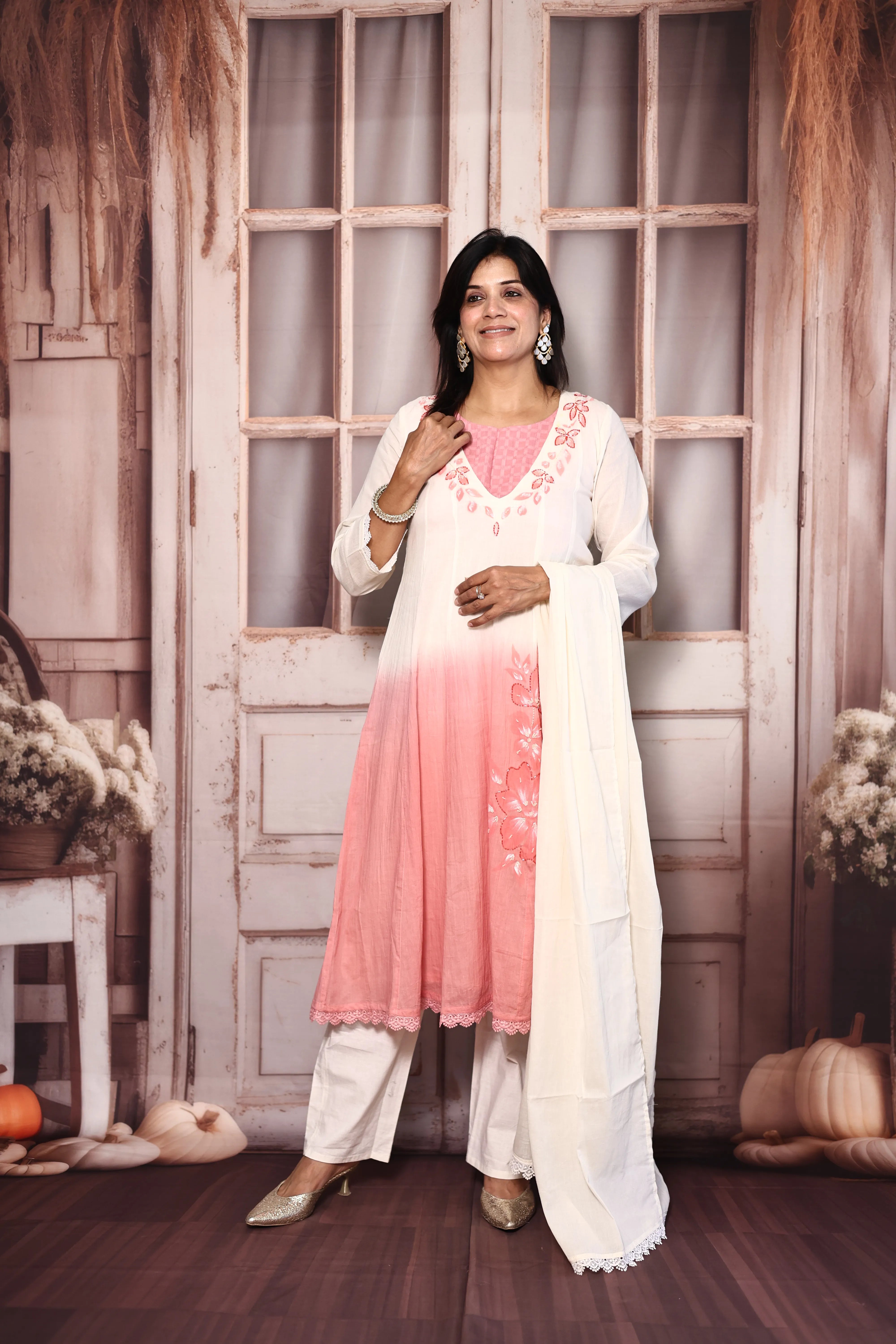 Off White & Peach Deep Neck A-Line Dupatta Set with Bustier | Premium Cotton Floral Hand Print