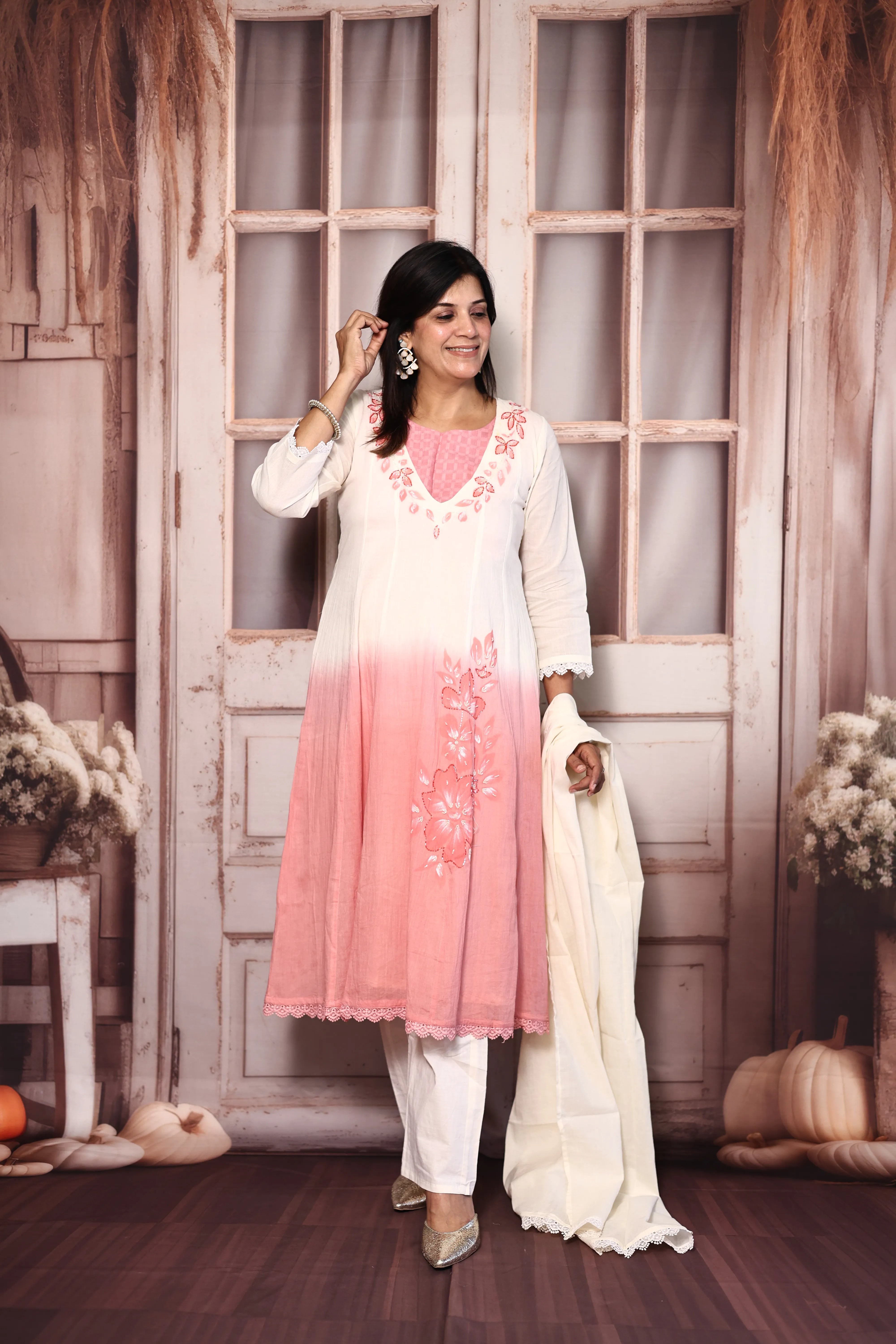 Off White & Peach Deep Neck A-Line Dupatta Set with Bustier | Premium Cotton Floral Hand Print