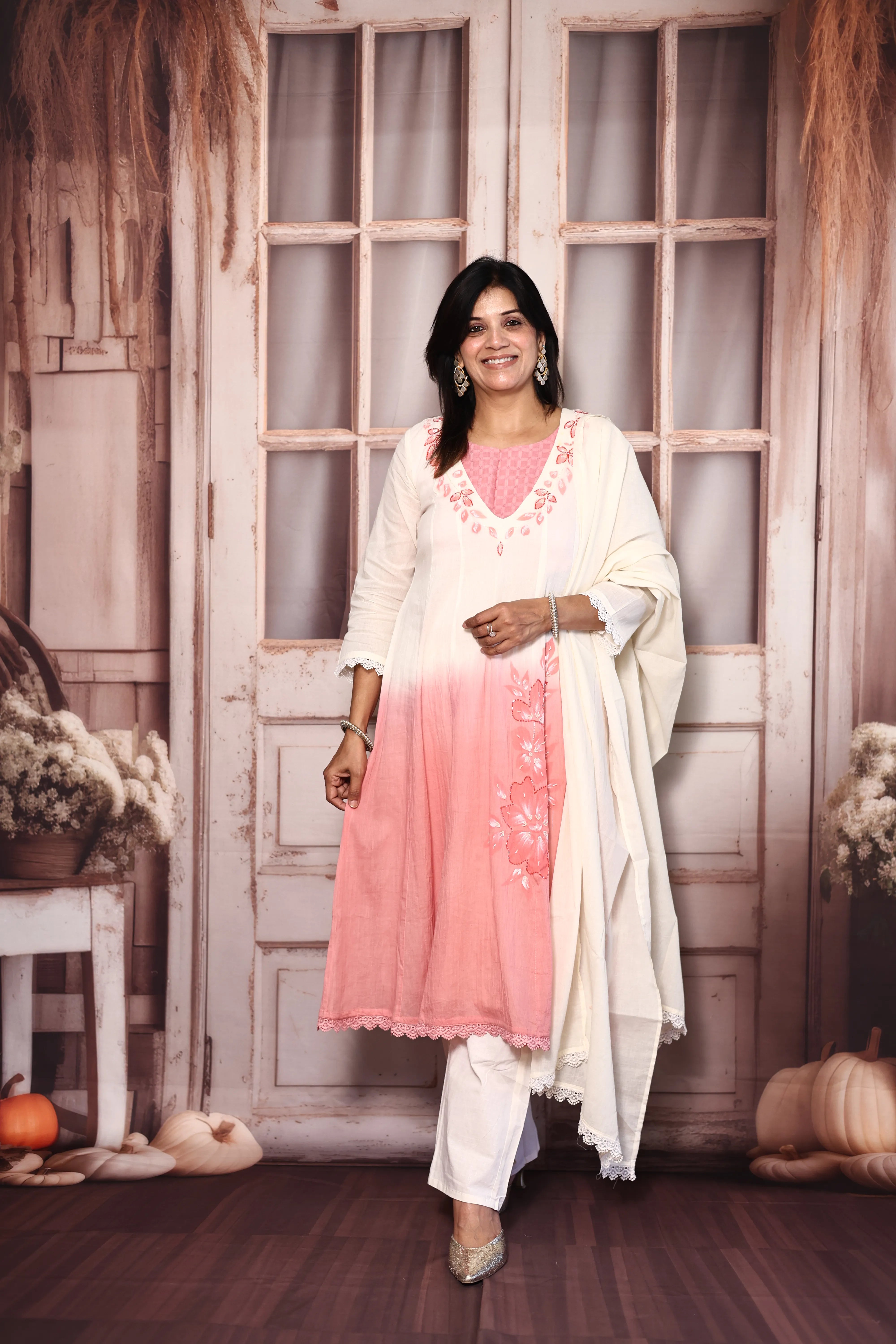 Off White & Peach Deep Neck A-Line Dupatta Set with Bustier | Premium Cotton Floral Hand Print