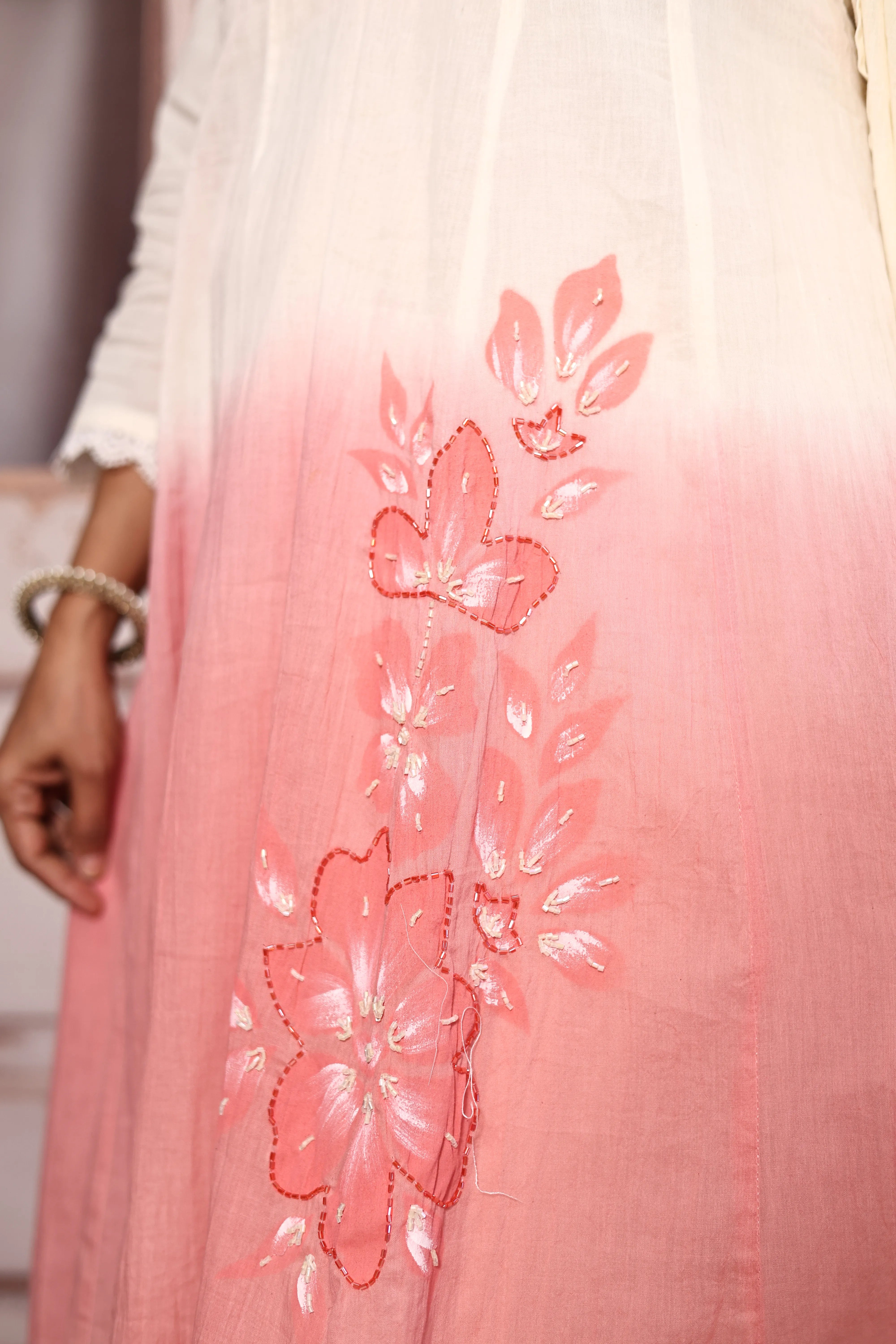 Off White & Peach Deep Neck A-Line Dupatta Set with Bustier | Premium Cotton Floral Hand Print