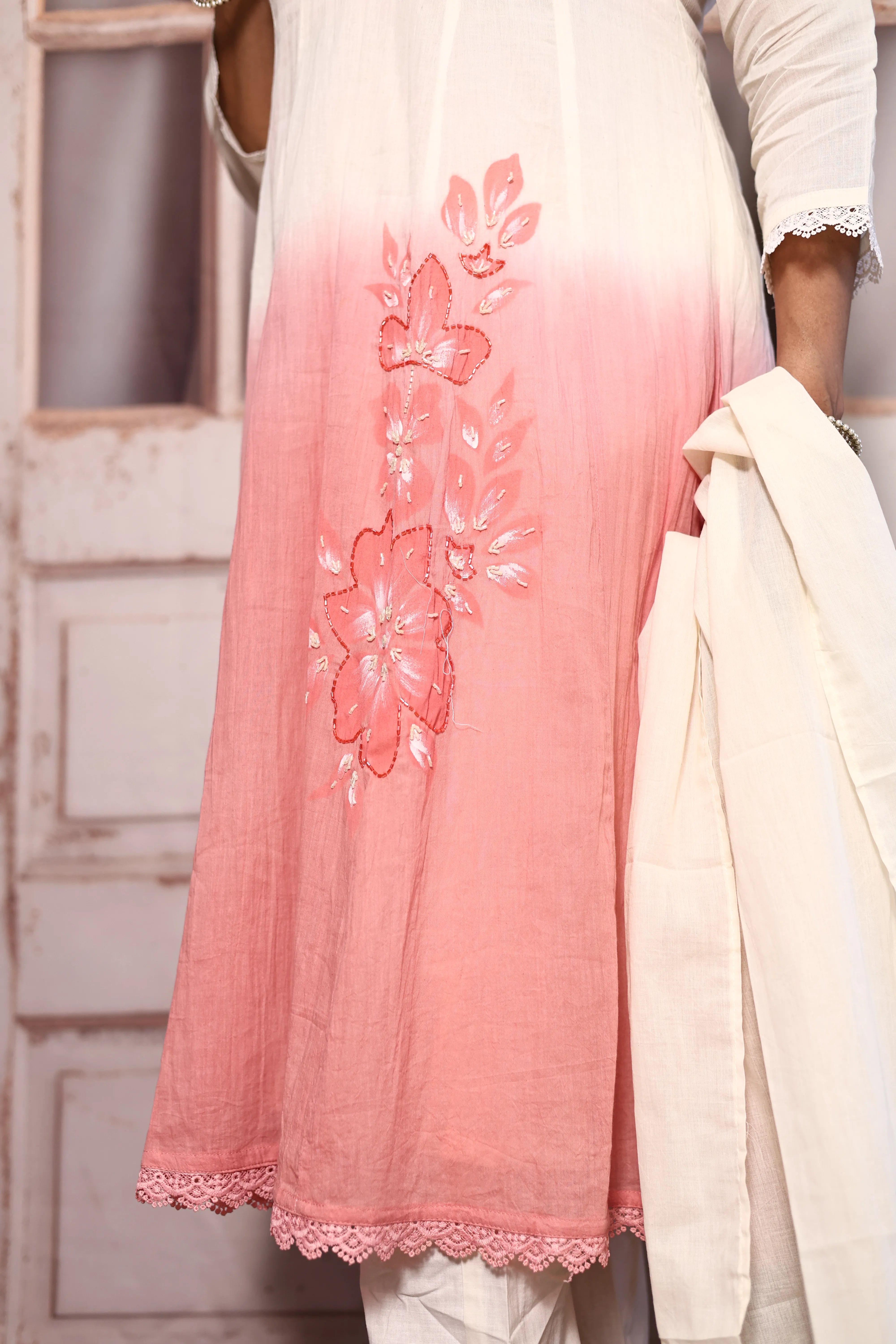 Off White & Peach Deep Neck A-Line Dupatta Set with Bustier | Premium Cotton Floral Hand Print