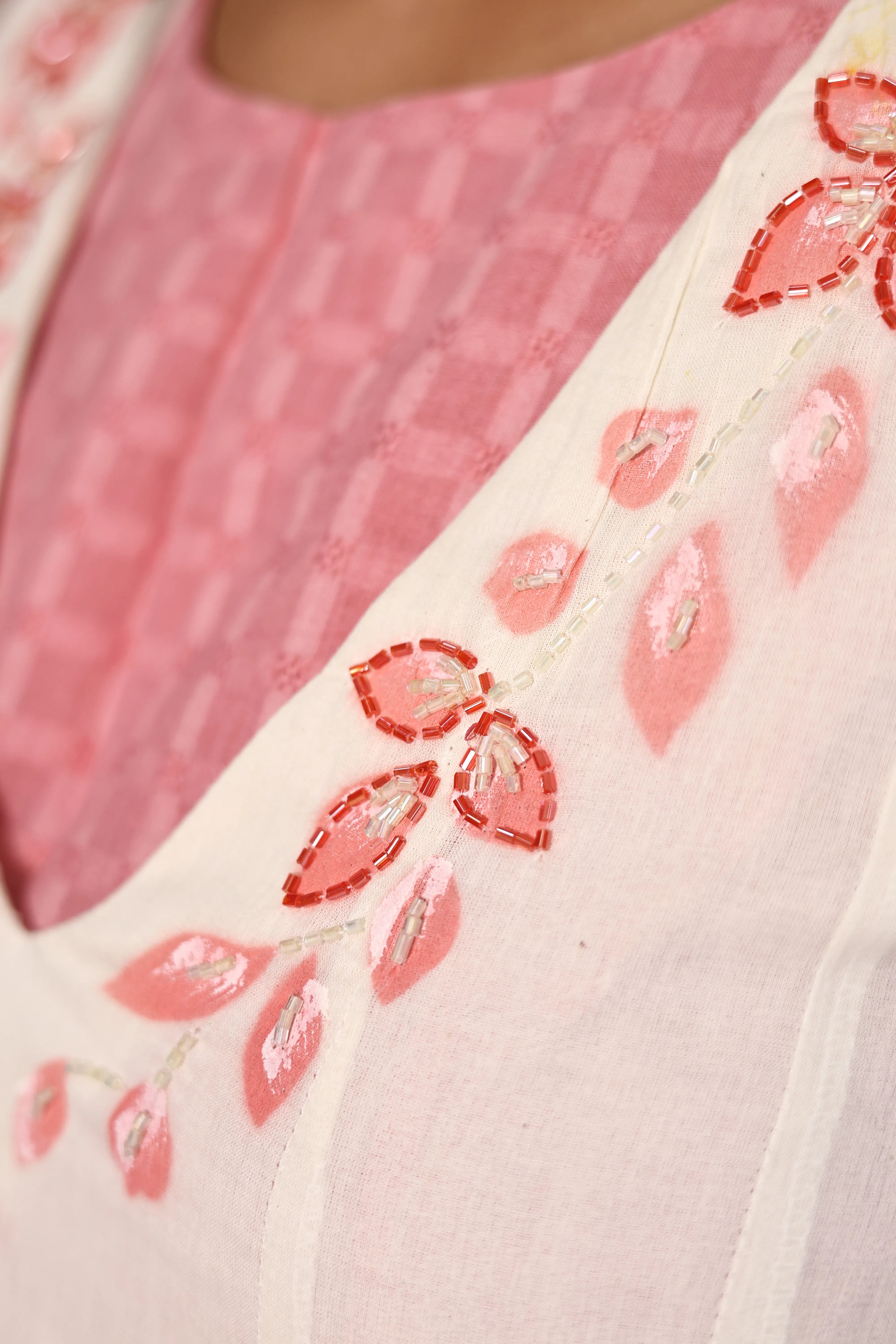 Off White & Peach Deep Neck A-Line Dupatta Set with Bustier | Premium Cotton Floral Hand Print