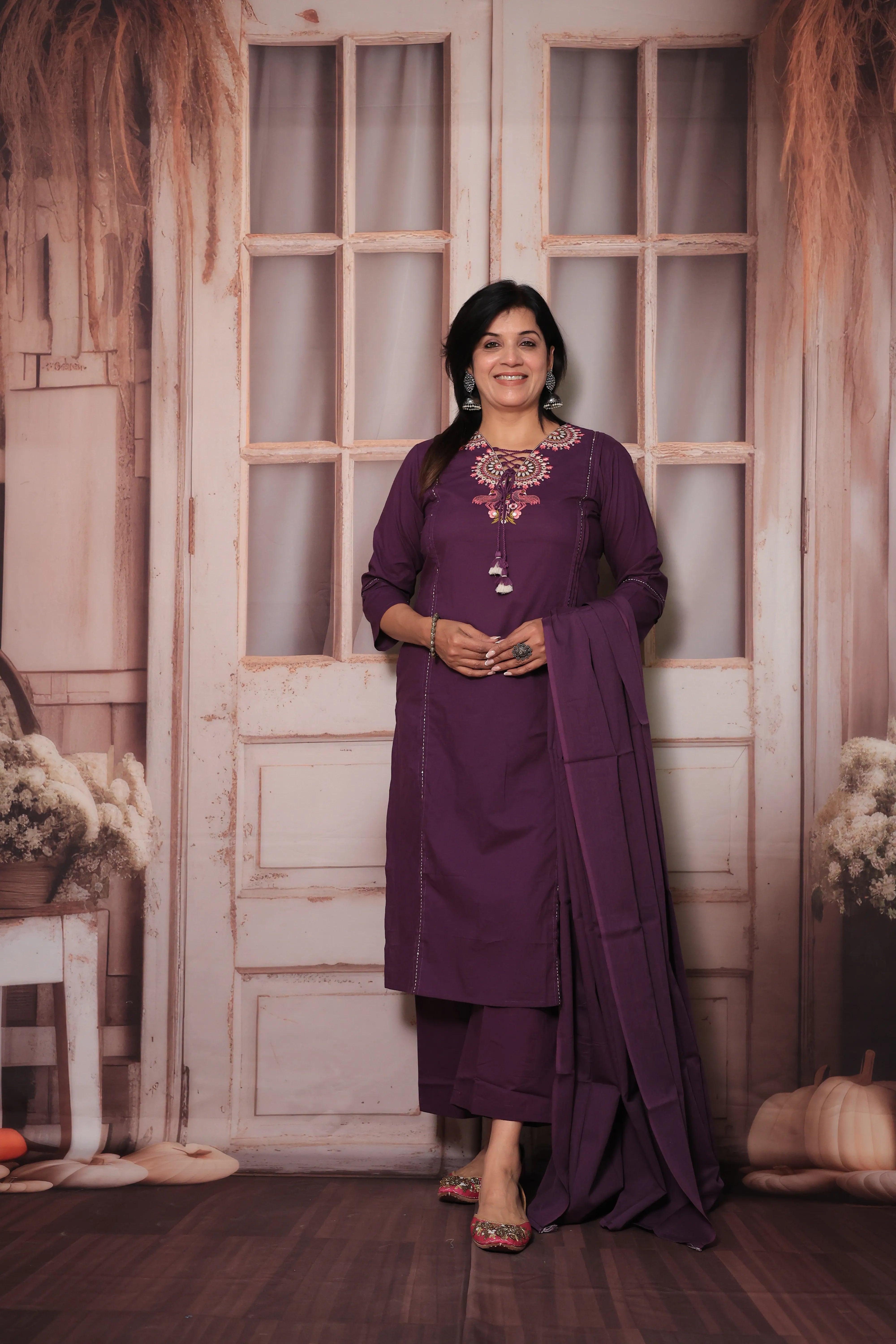Dark Purple Floral Yoke Design Dupatta Set in Soft Cotton for Women