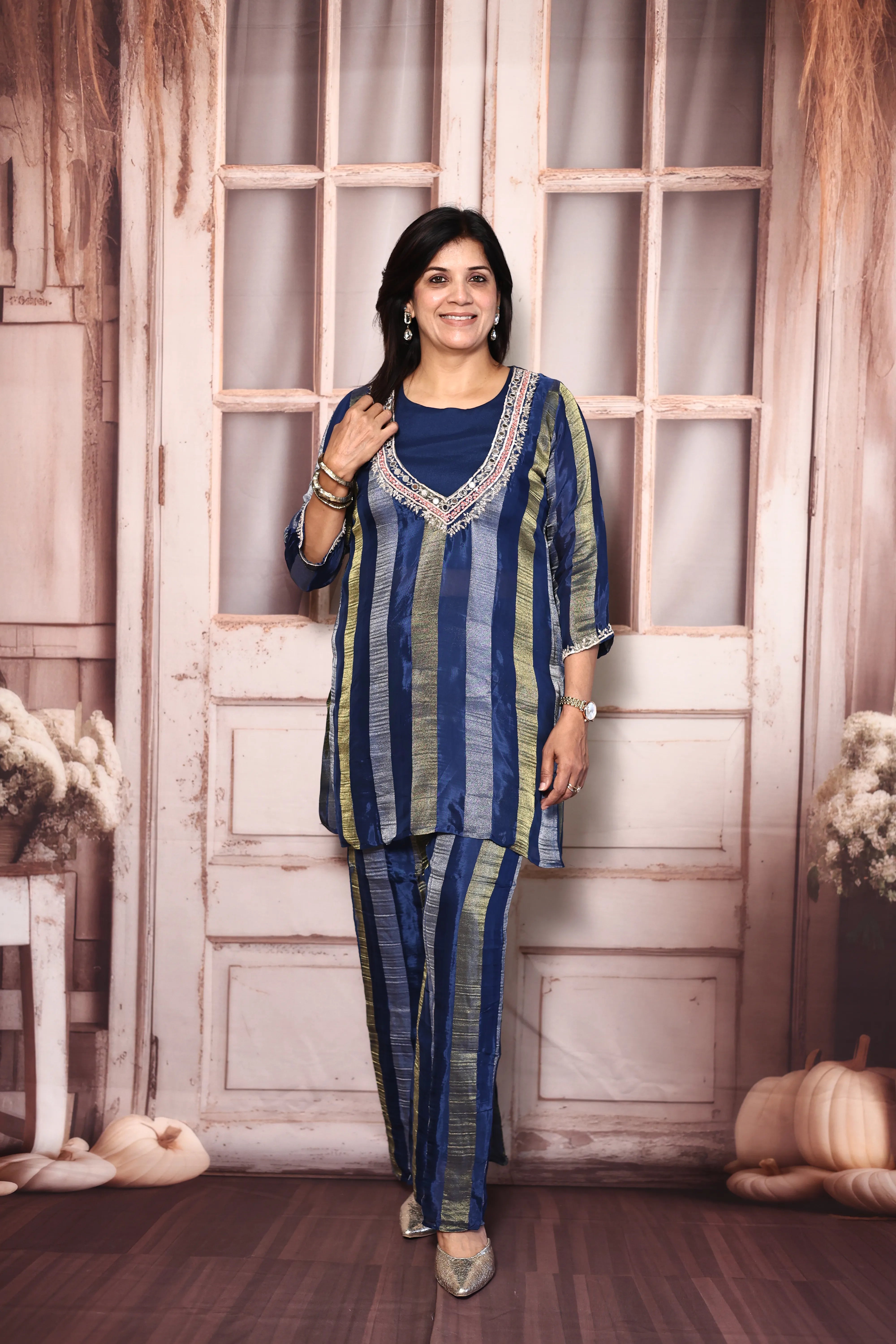 Classic Blue Deep Neck Palazzo Set with Bustier | Pearl, Sequins & Mirror Embroidered Tissue Co-Ord Set