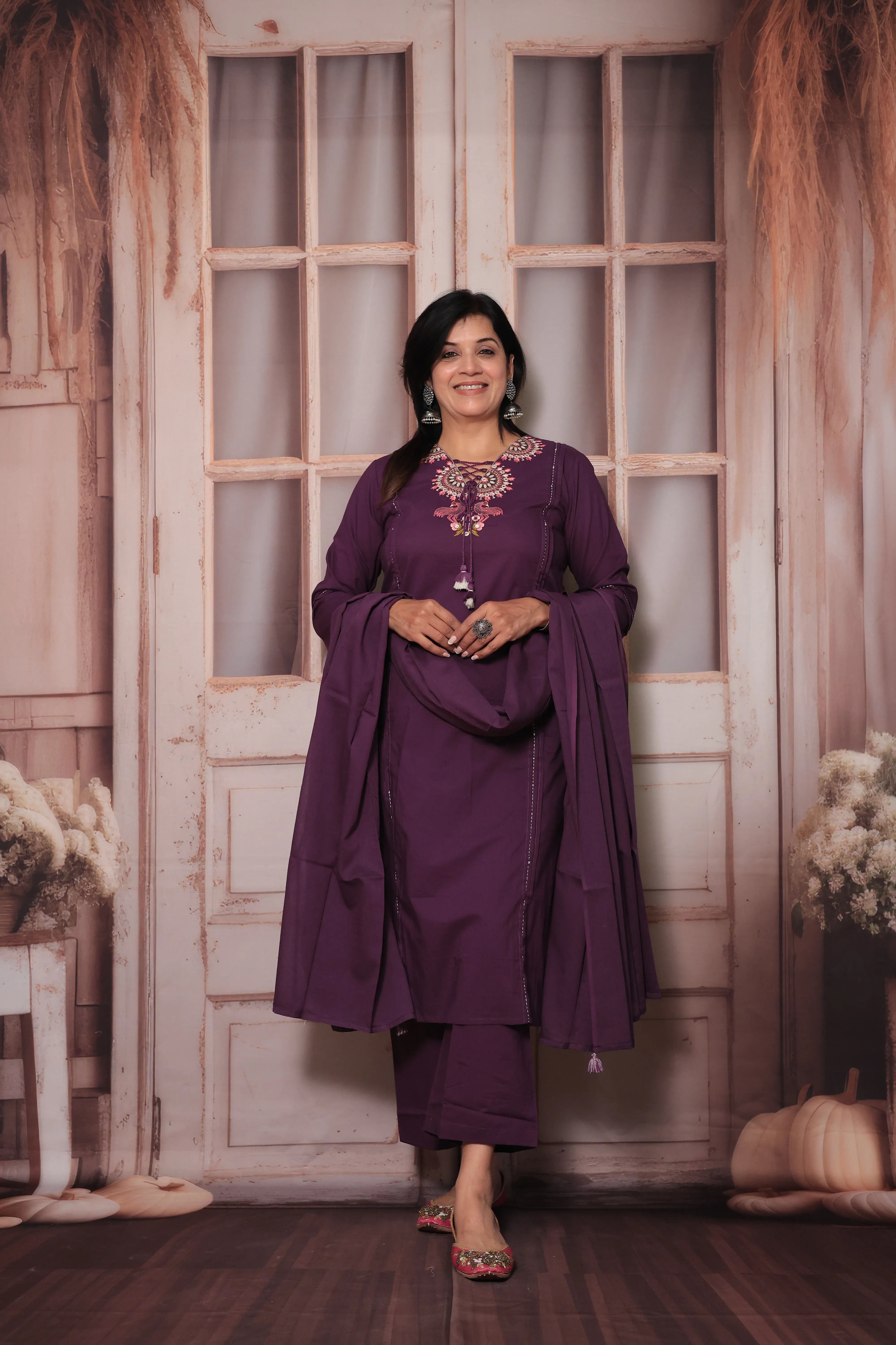 Dark Purple Floral Yoke Design Dupatta Set in Soft Cotton for Women