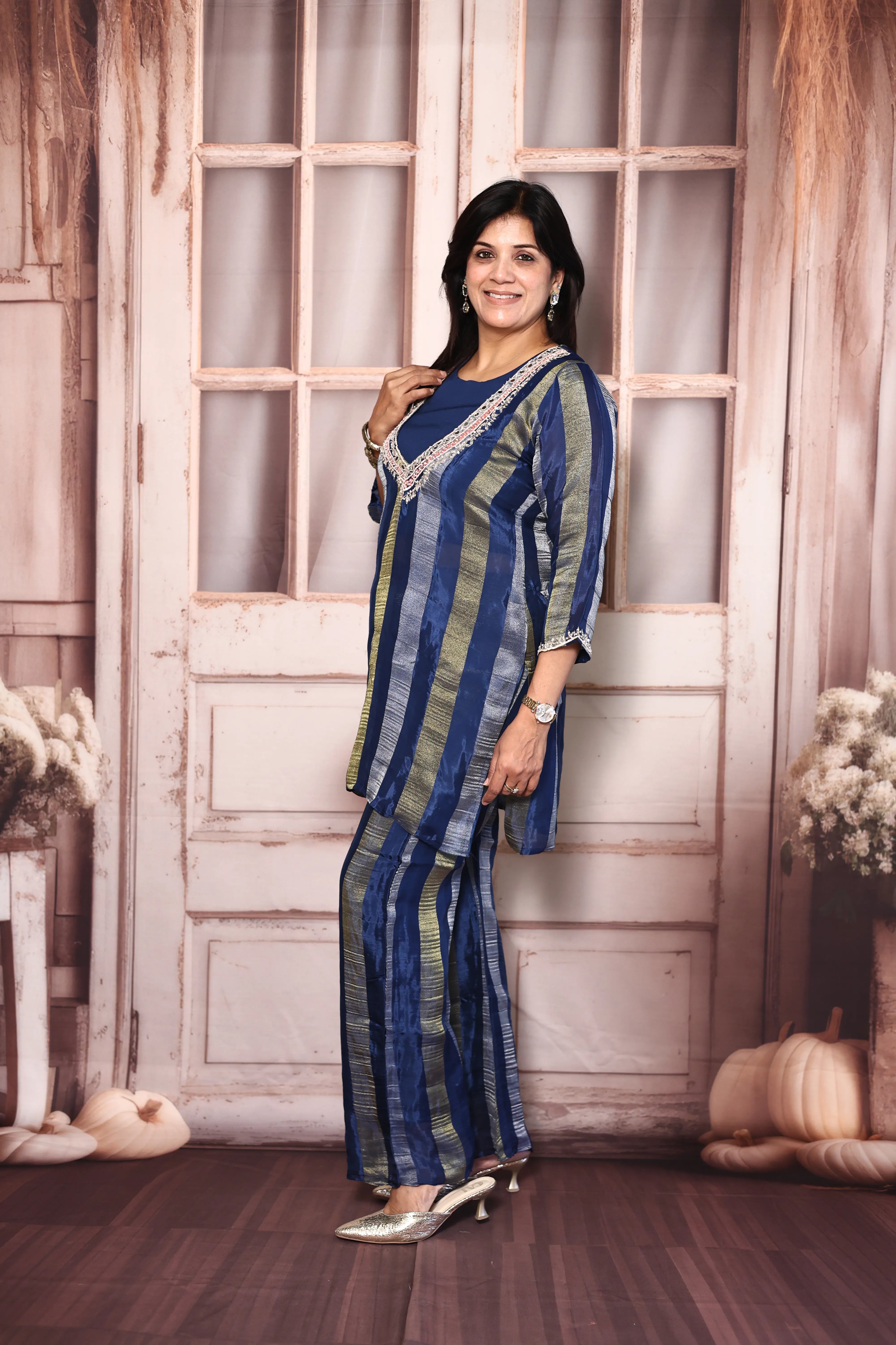 Classic Blue Deep Neck Palazzo Set with Bustier | Pearl, Sequins & Mirror Embroidered Tissue Co-Ord Set