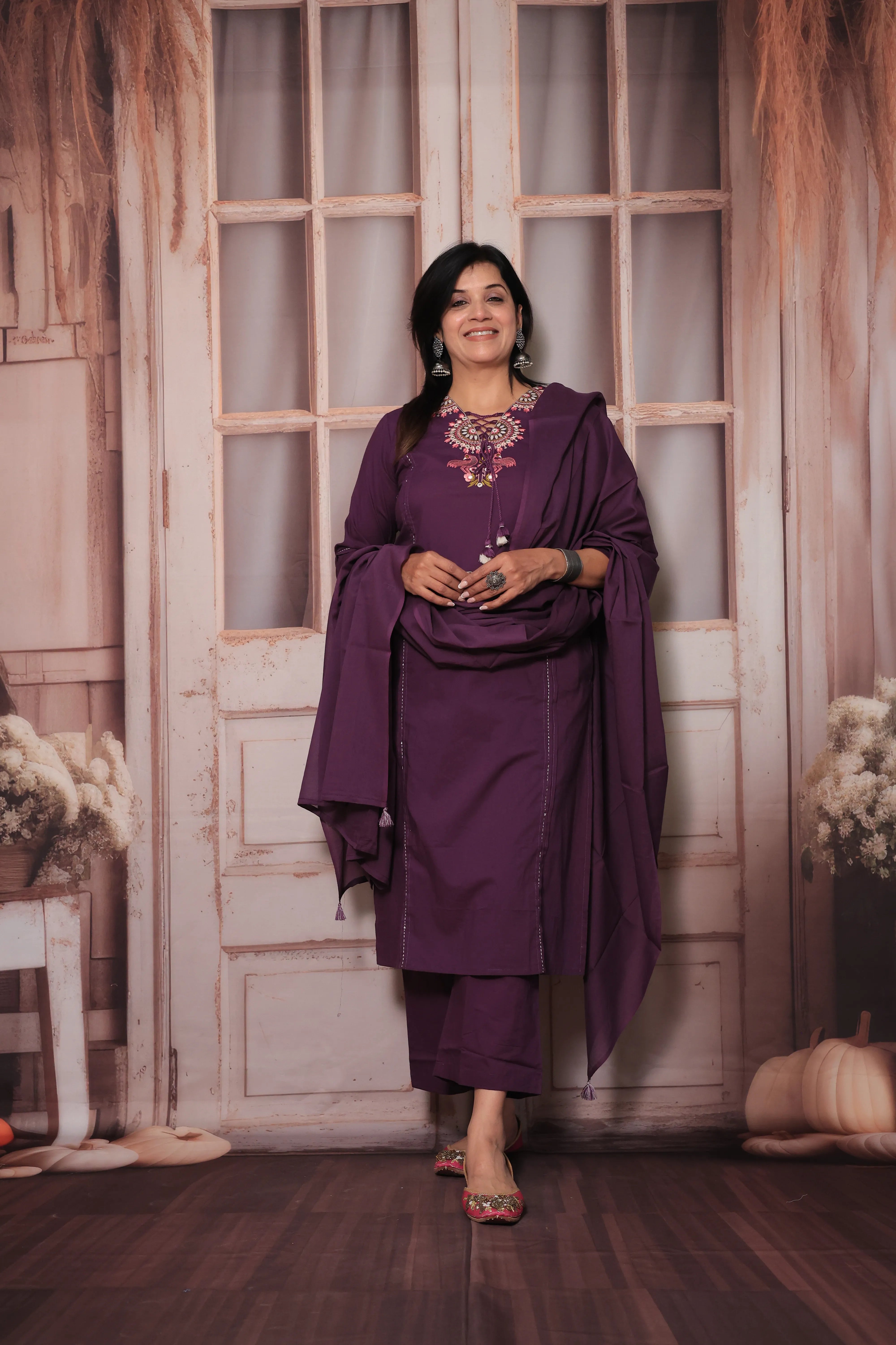 Dark Purple Floral Yoke Design Dupatta Set in Soft Cotton for Women