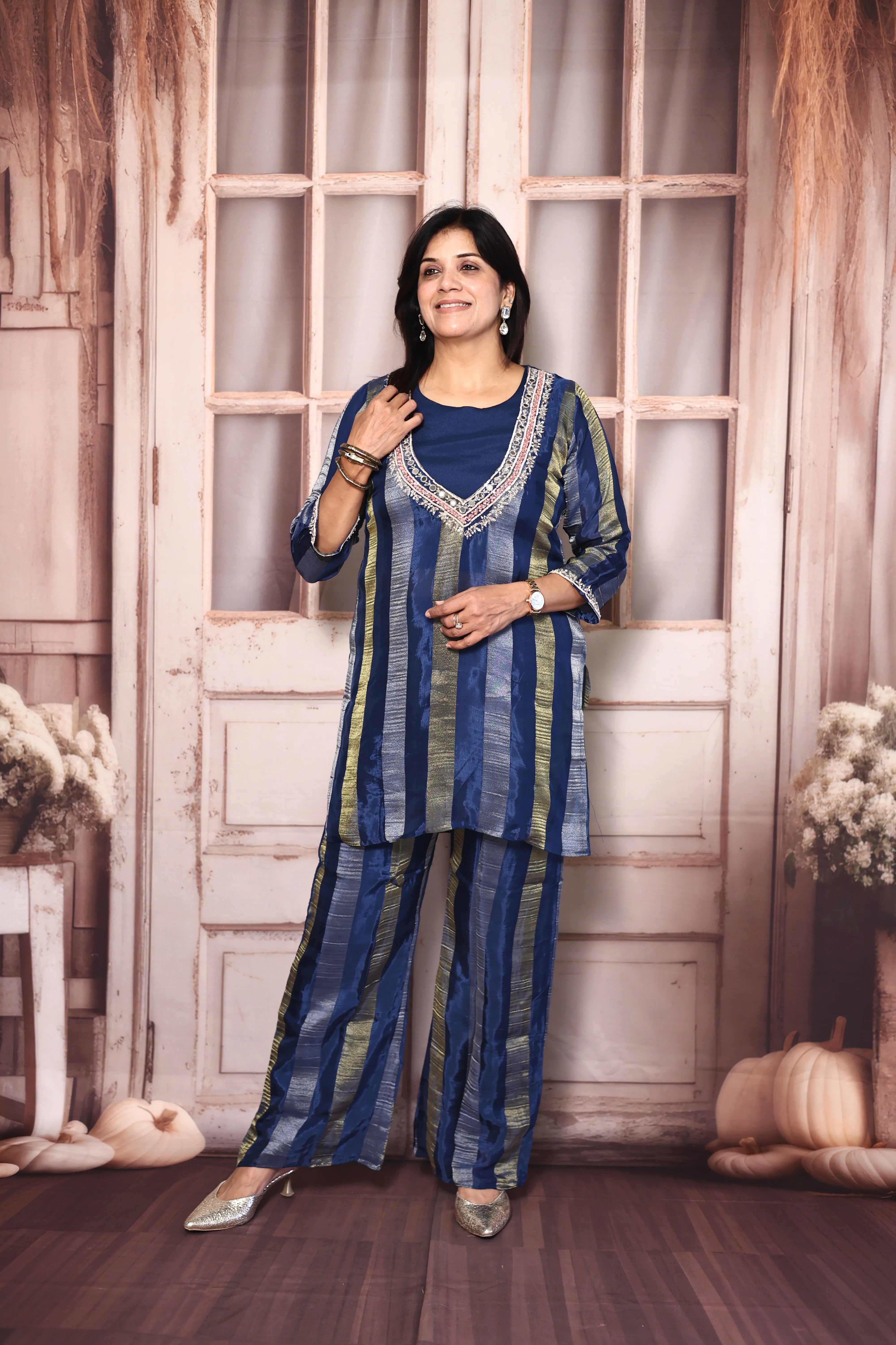 Classic Blue Deep Neck Palazzo Set with Bustier | Pearl, Sequins & Mirror Embroidered Tissue Co-Ord Set