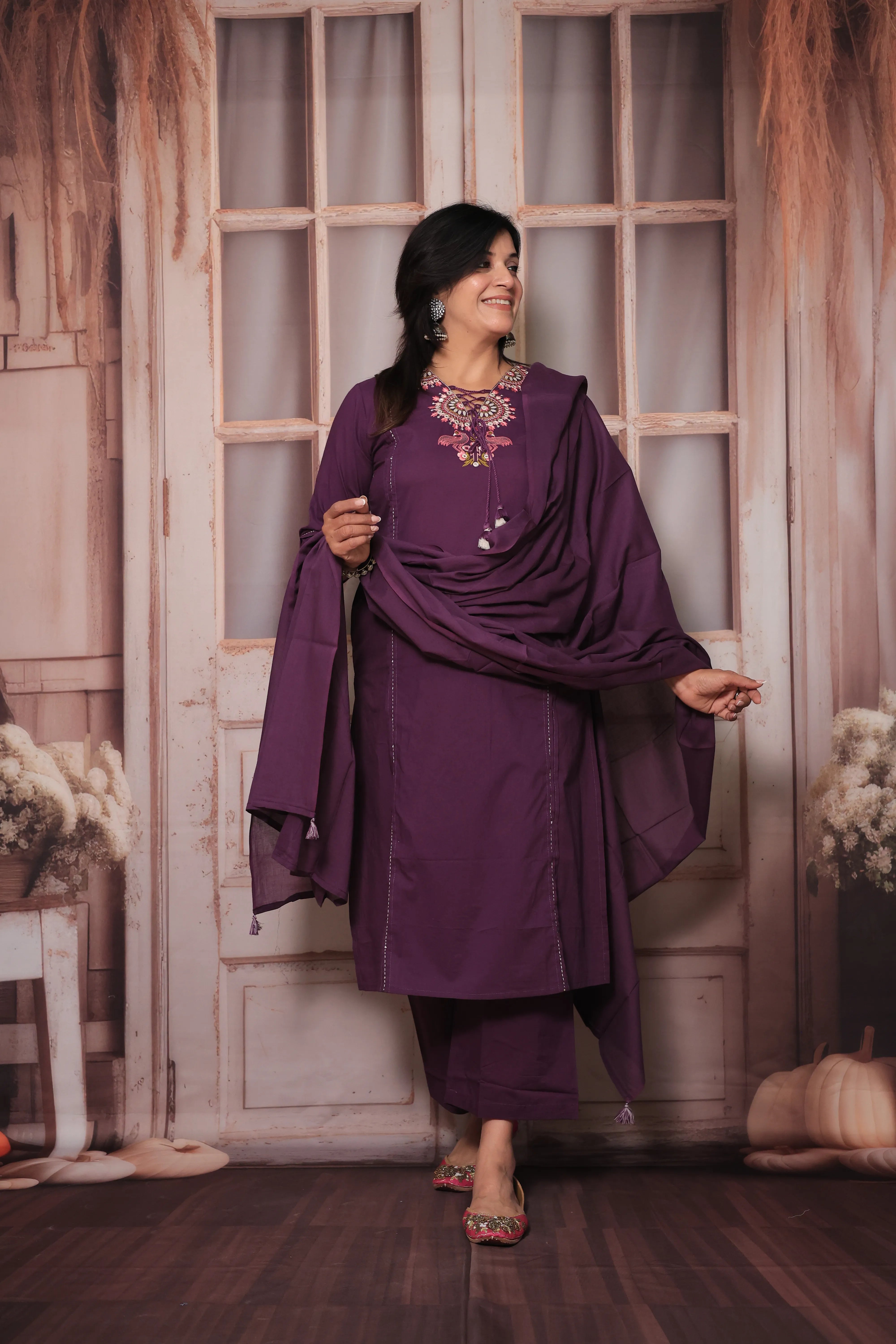 Dark Purple Floral Yoke Design Dupatta Set in Soft Cotton for Women