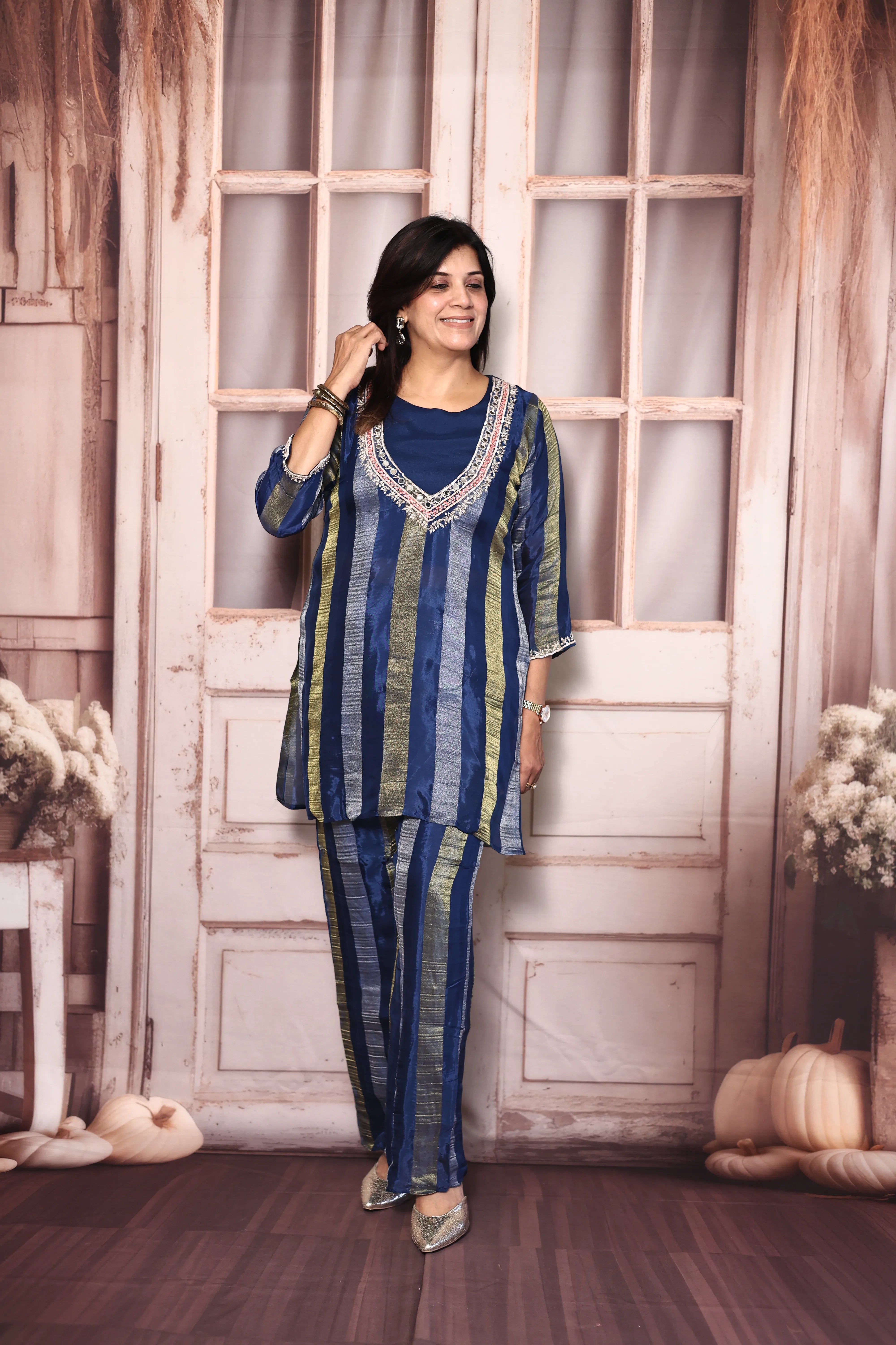 Classic Blue Deep Neck Palazzo Set with Bustier | Pearl, Sequins & Mirror Embroidered Tissue Co-Ord Set