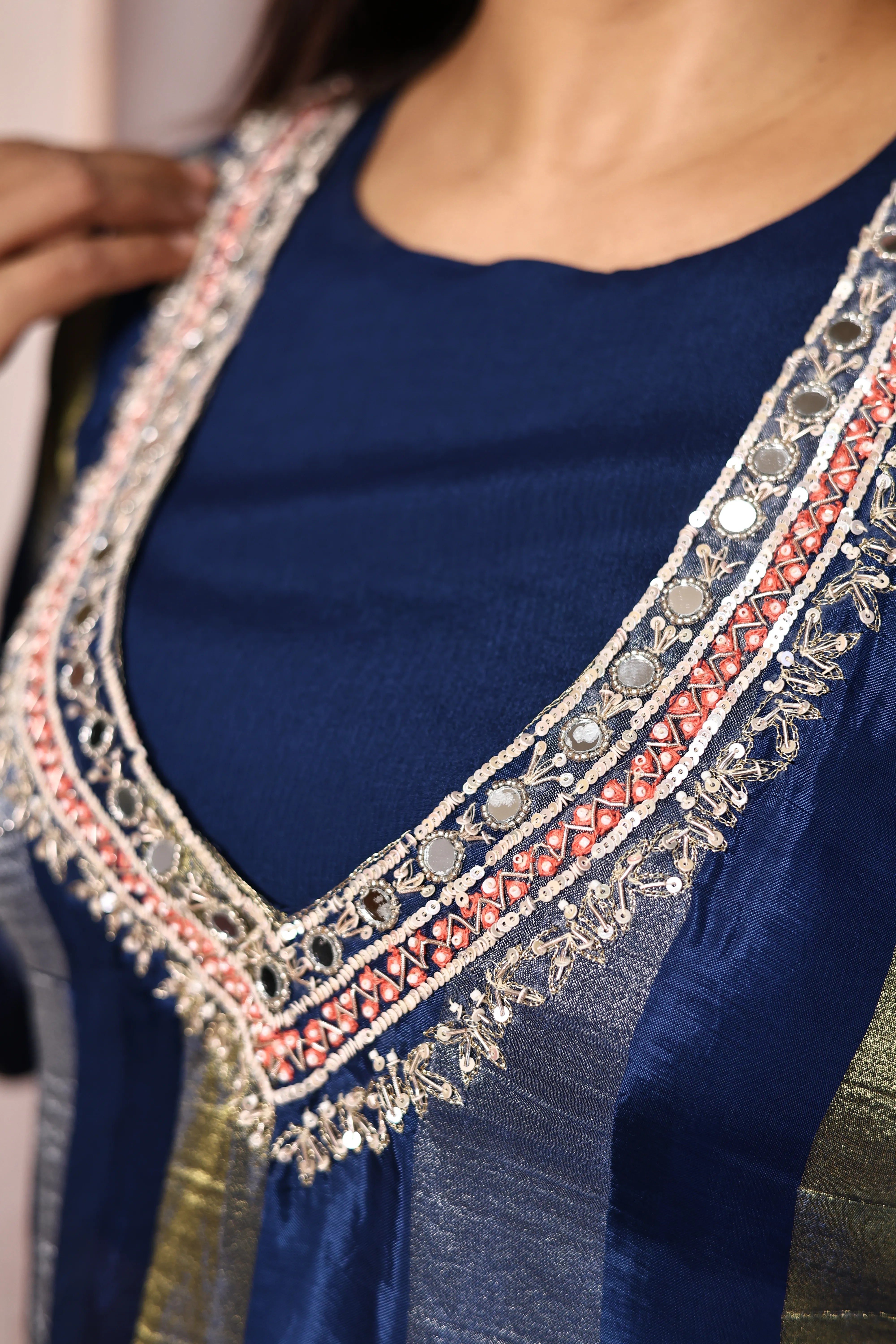 Classic Blue Deep Neck Palazzo Set with Bustier | Pearl, Sequins & Mirror Embroidered Tissue Co-Ord Set