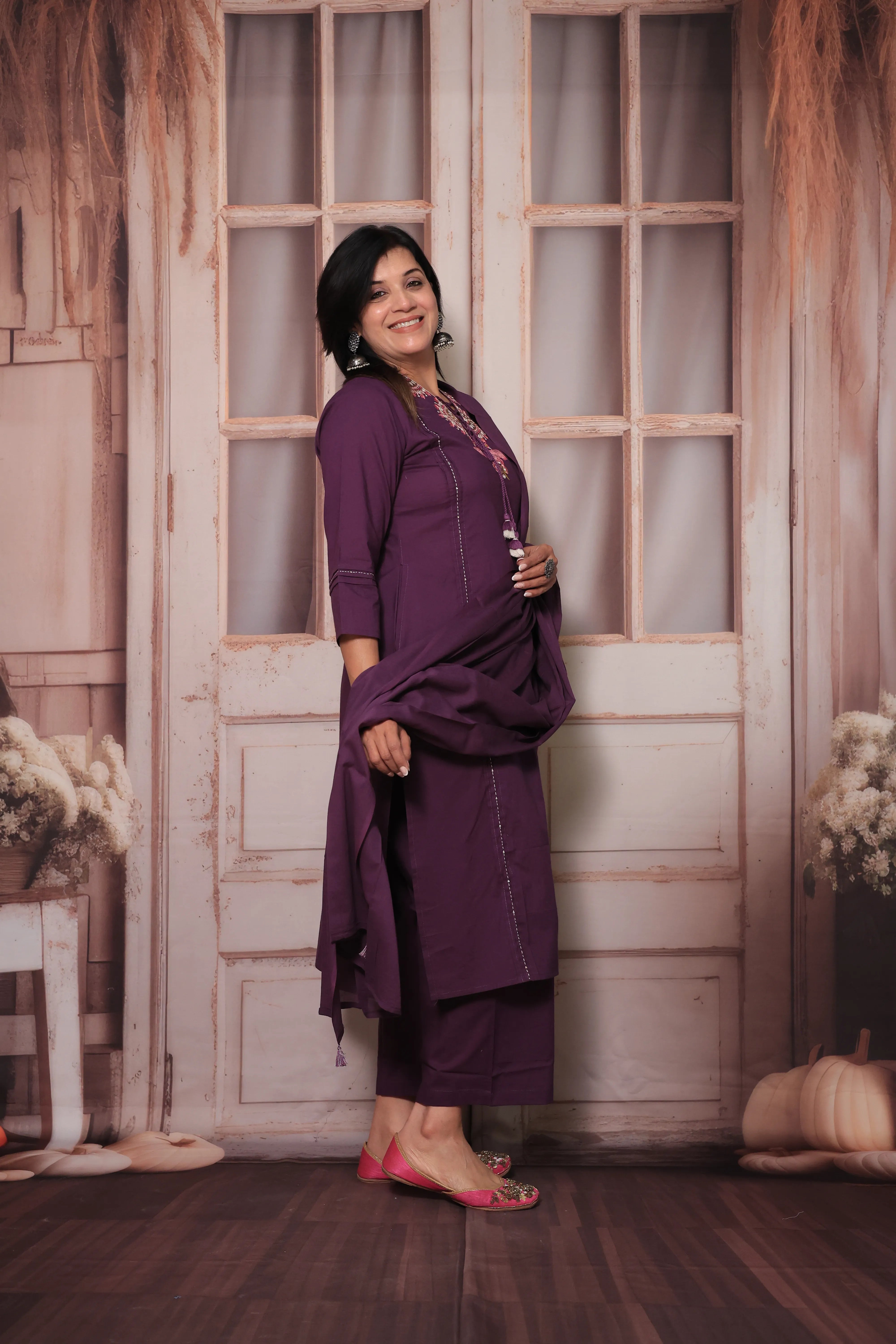 Dark Purple Floral Yoke Design Dupatta Set in Soft Cotton for Women
