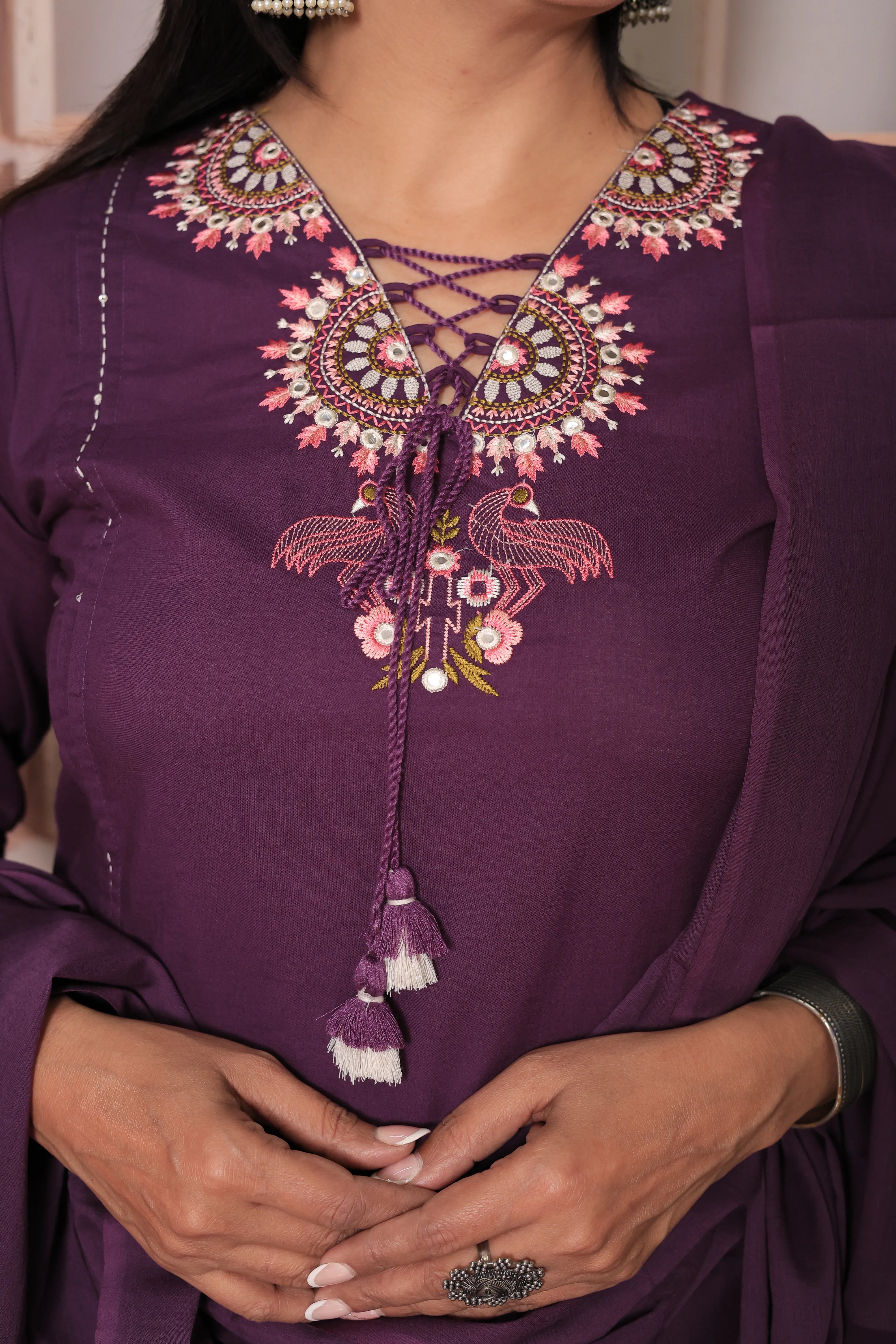 Dark Purple Floral Yoke Design Dupatta Set in Soft Cotton for Women