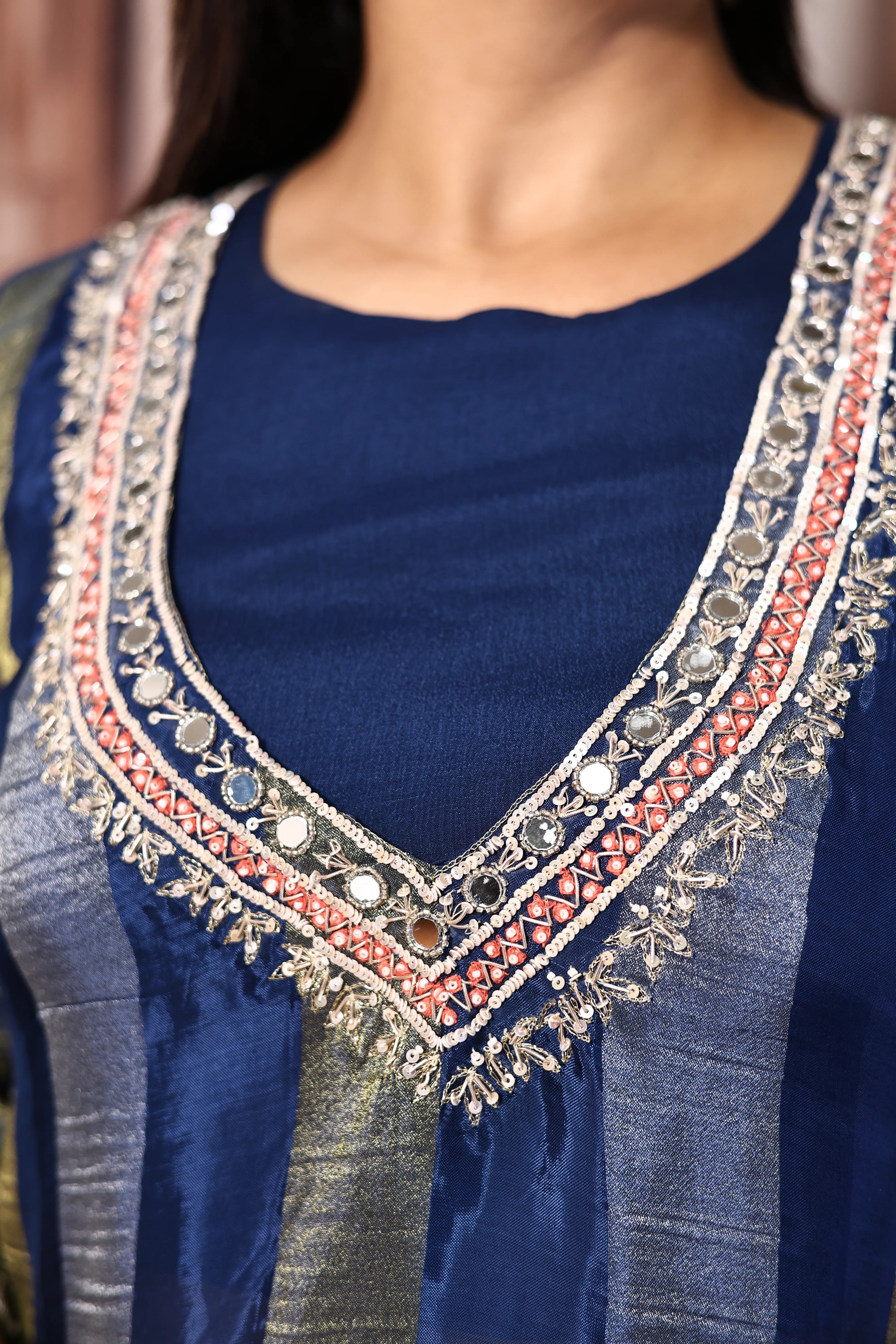 Classic Blue Deep Neck Palazzo Set with Bustier | Pearl, Sequins & Mirror Embroidered Tissue Co-Ord Set