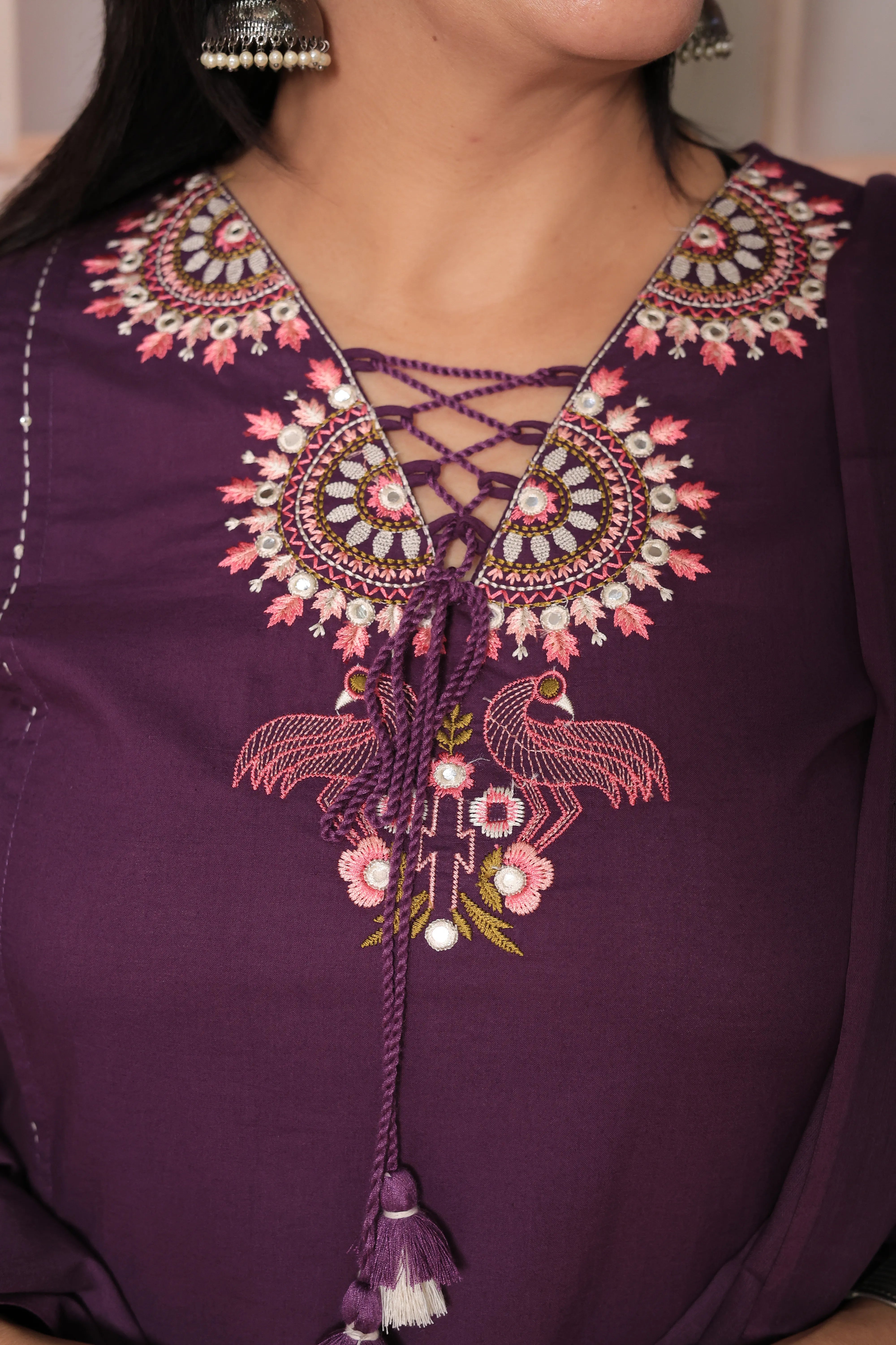 Dark Purple Floral Yoke Design Dupatta Set in Soft Cotton for Women