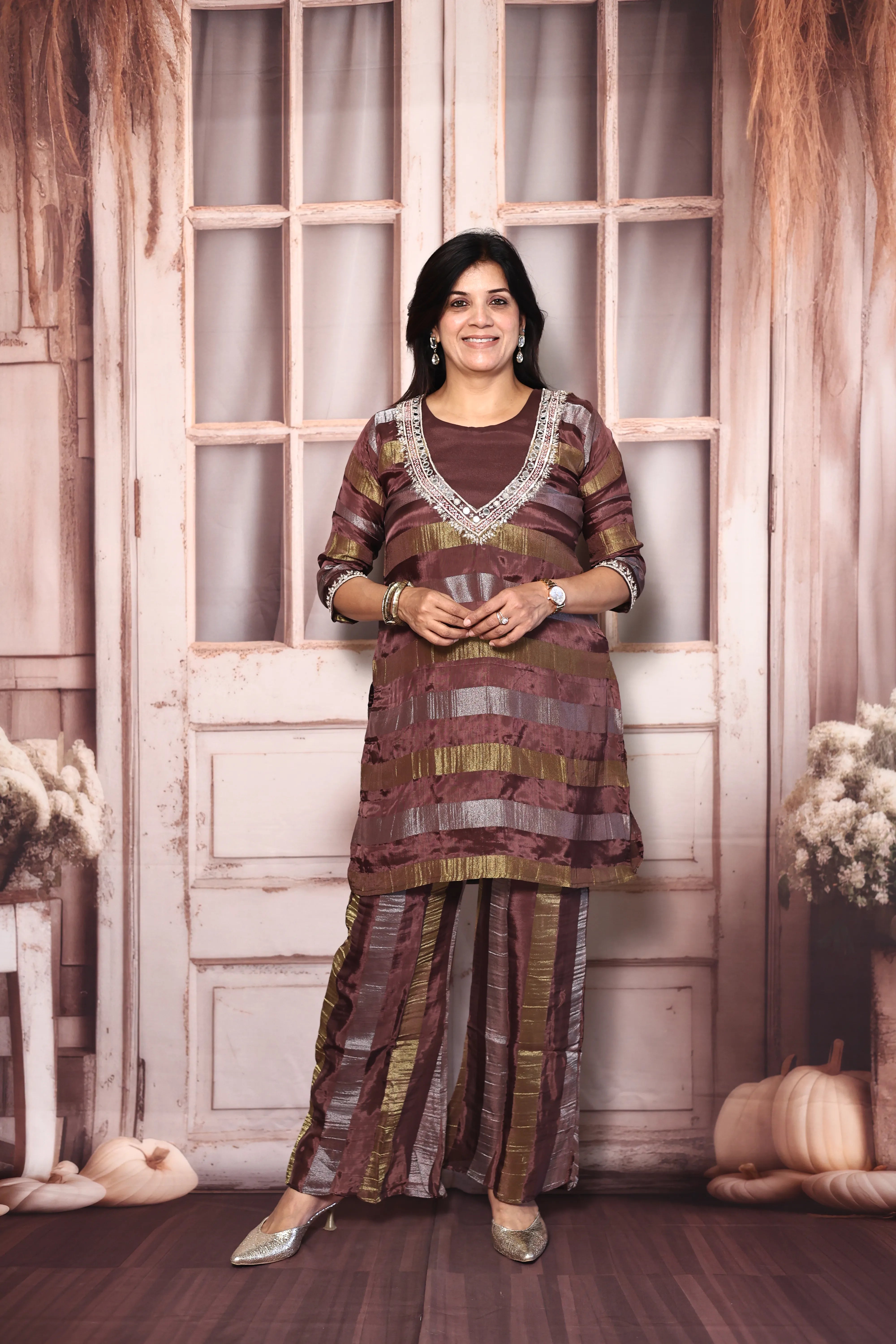 Chocolate Brown Deep Neck Palazzo Set with Bustier | Pearl, Sequins & Mirror Embroidered Tissue Co-Ord Set