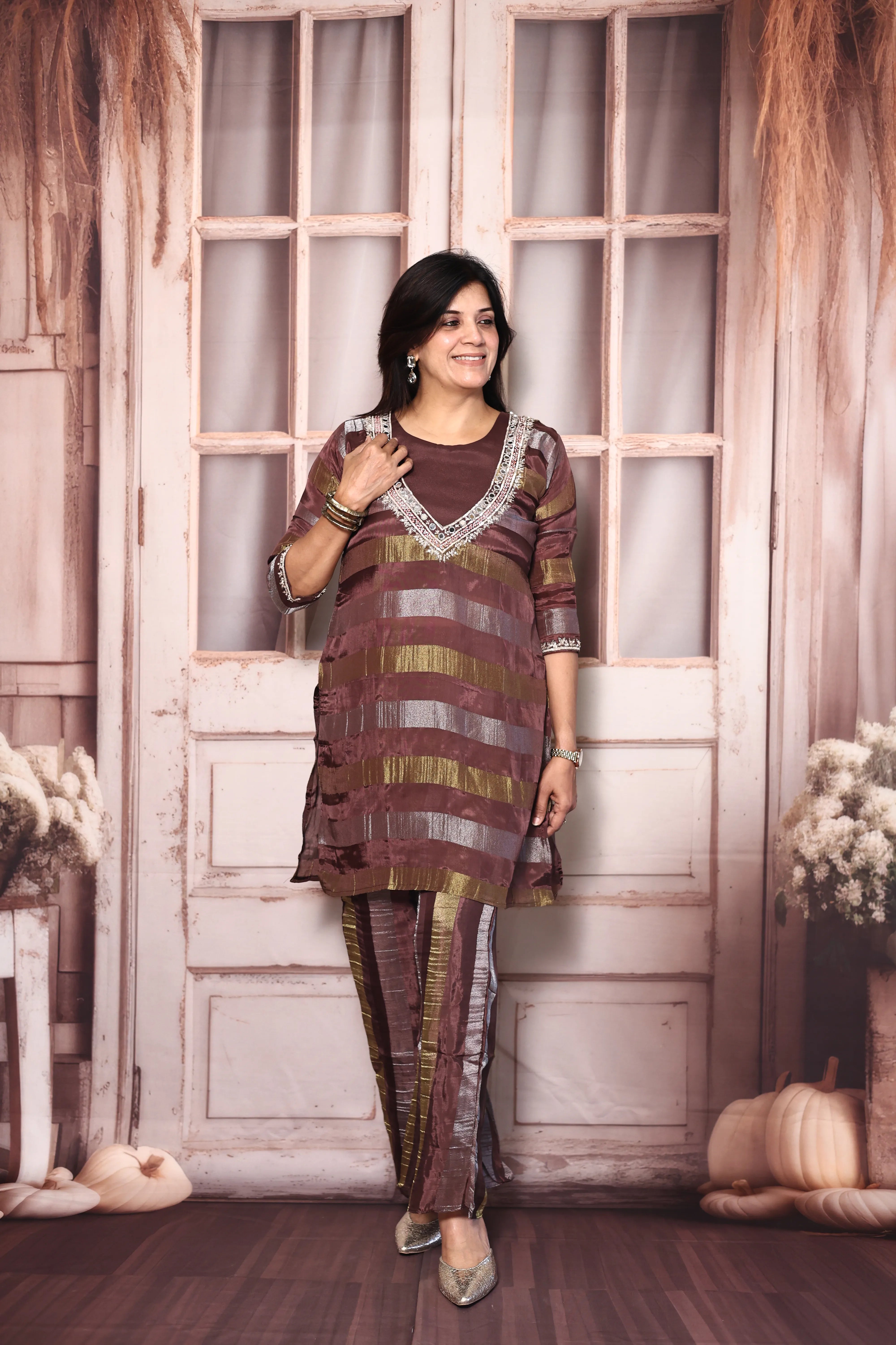 Chocolate Brown Deep Neck Palazzo Set with Bustier | Pearl, Sequins & Mirror Embroidered Tissue Co-Ord Set