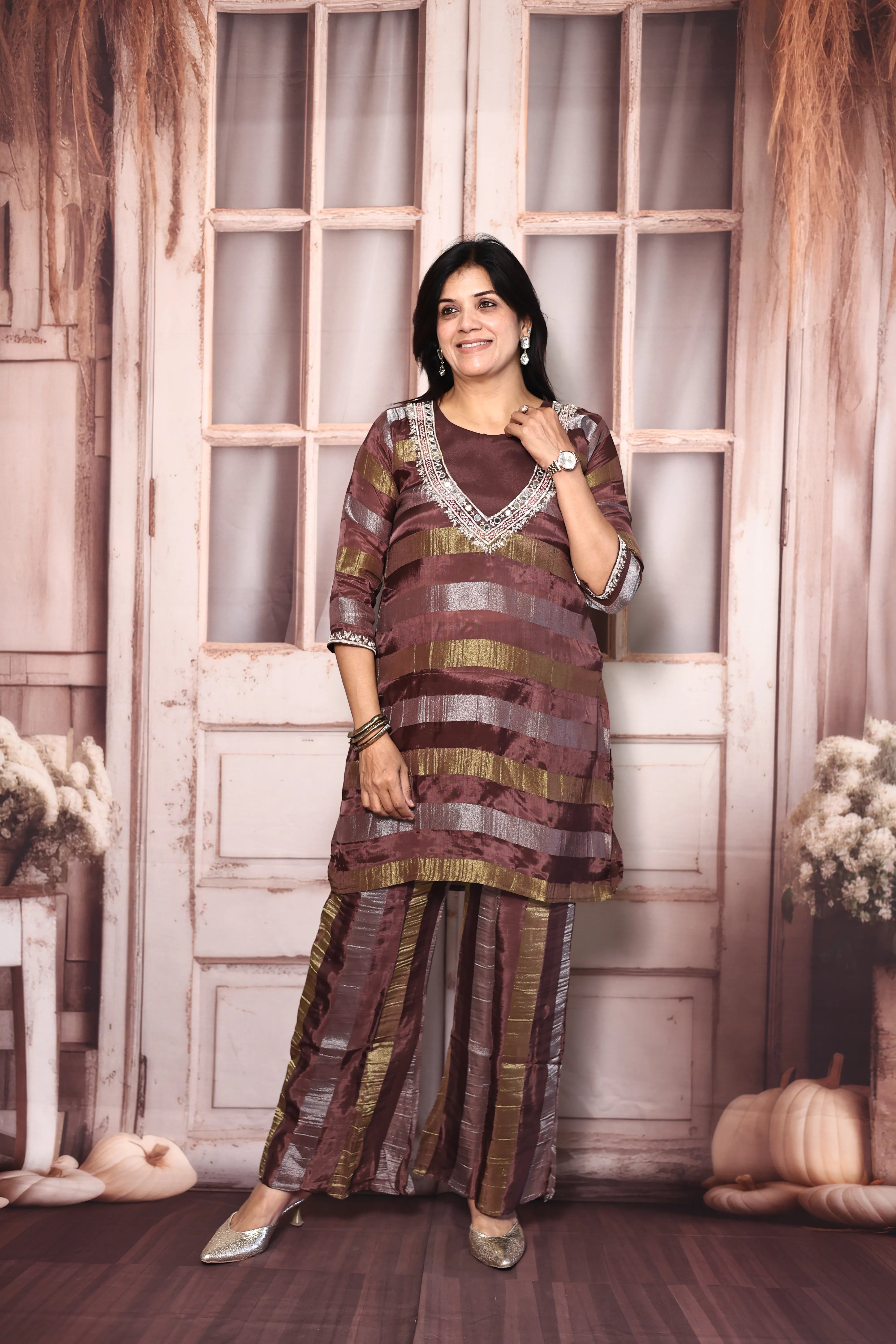 Chocolate Brown Deep Neck Palazzo Set with Bustier | Pearl, Sequins & Mirror Embroidered Tissue Co-Ord Set