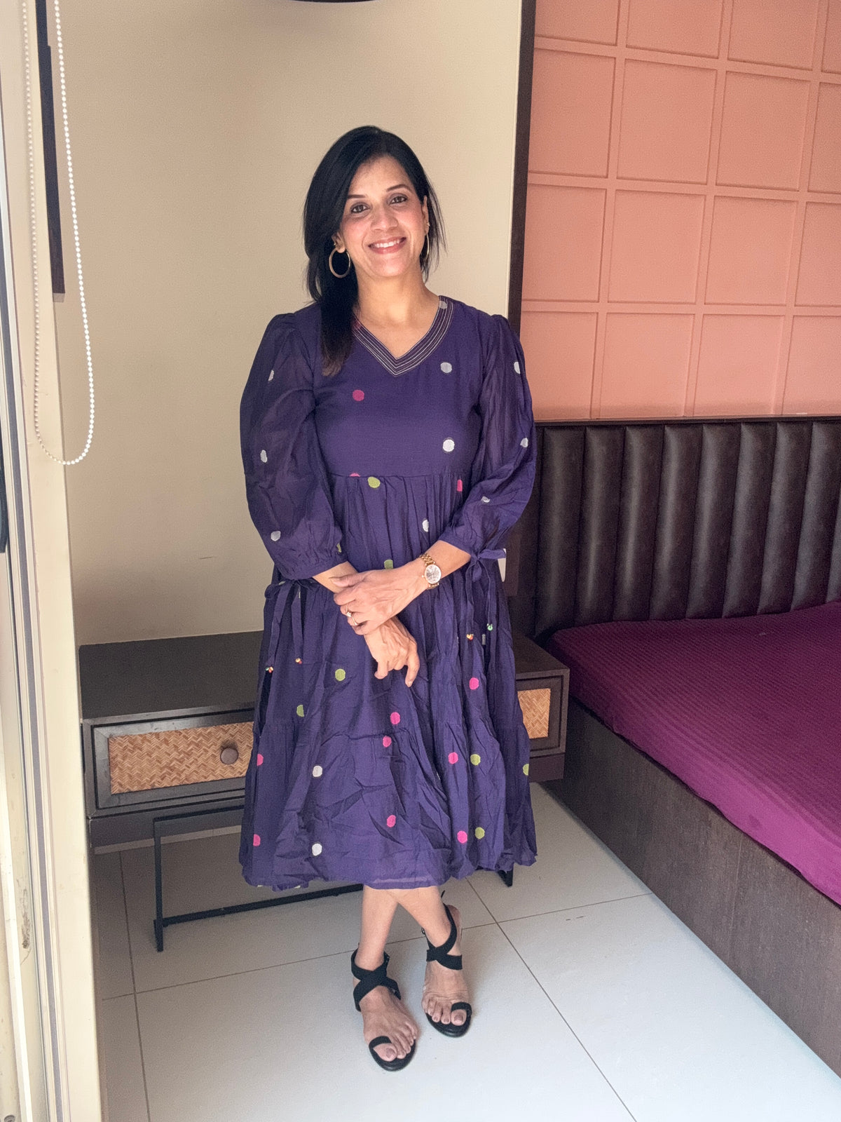 Dark Purple Polka Dot Work One-Piece Dress | Pure Mul Mul
