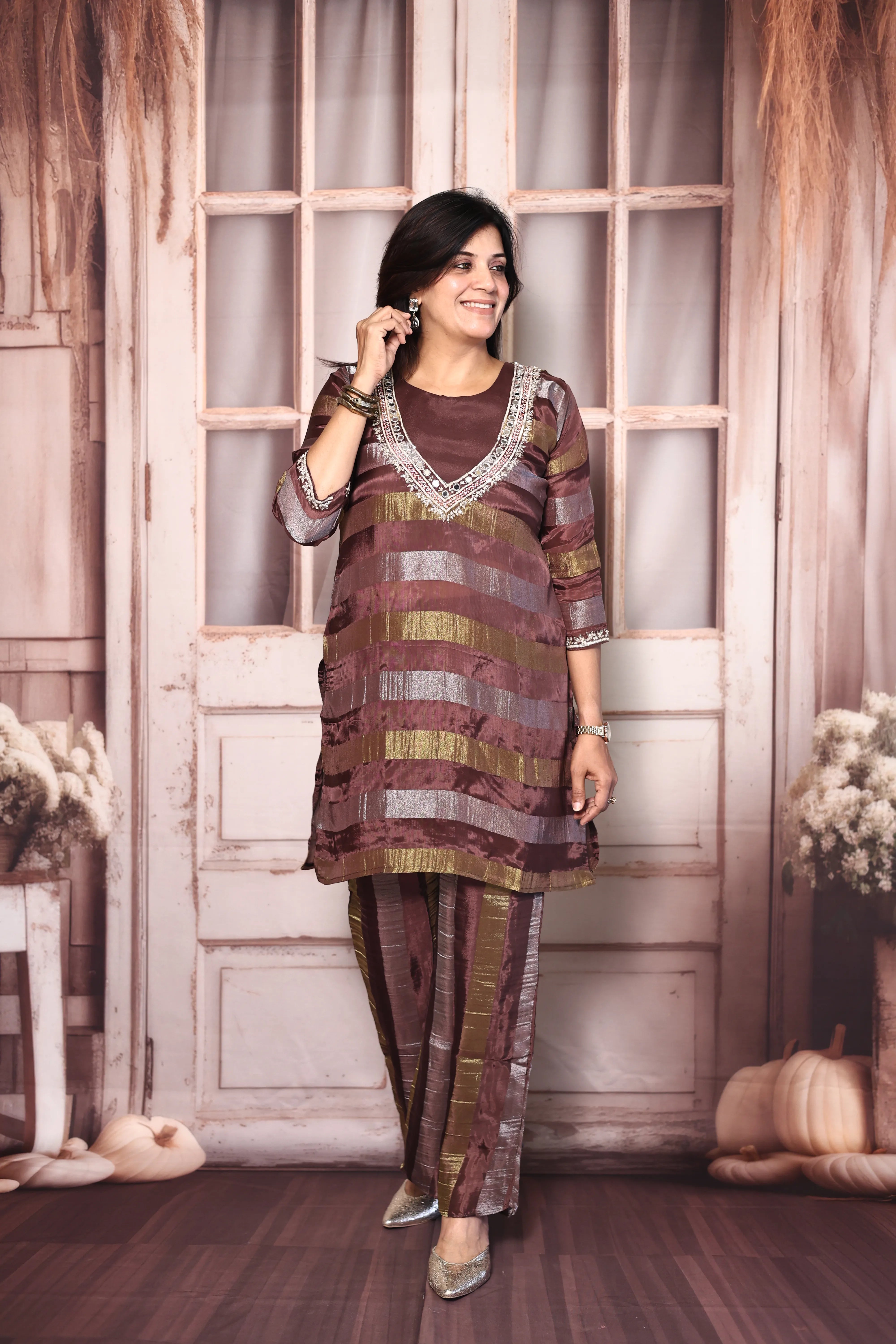 Chocolate Brown Deep Neck Palazzo Set with Bustier | Pearl, Sequins & Mirror Embroidered Tissue Co-Ord Set