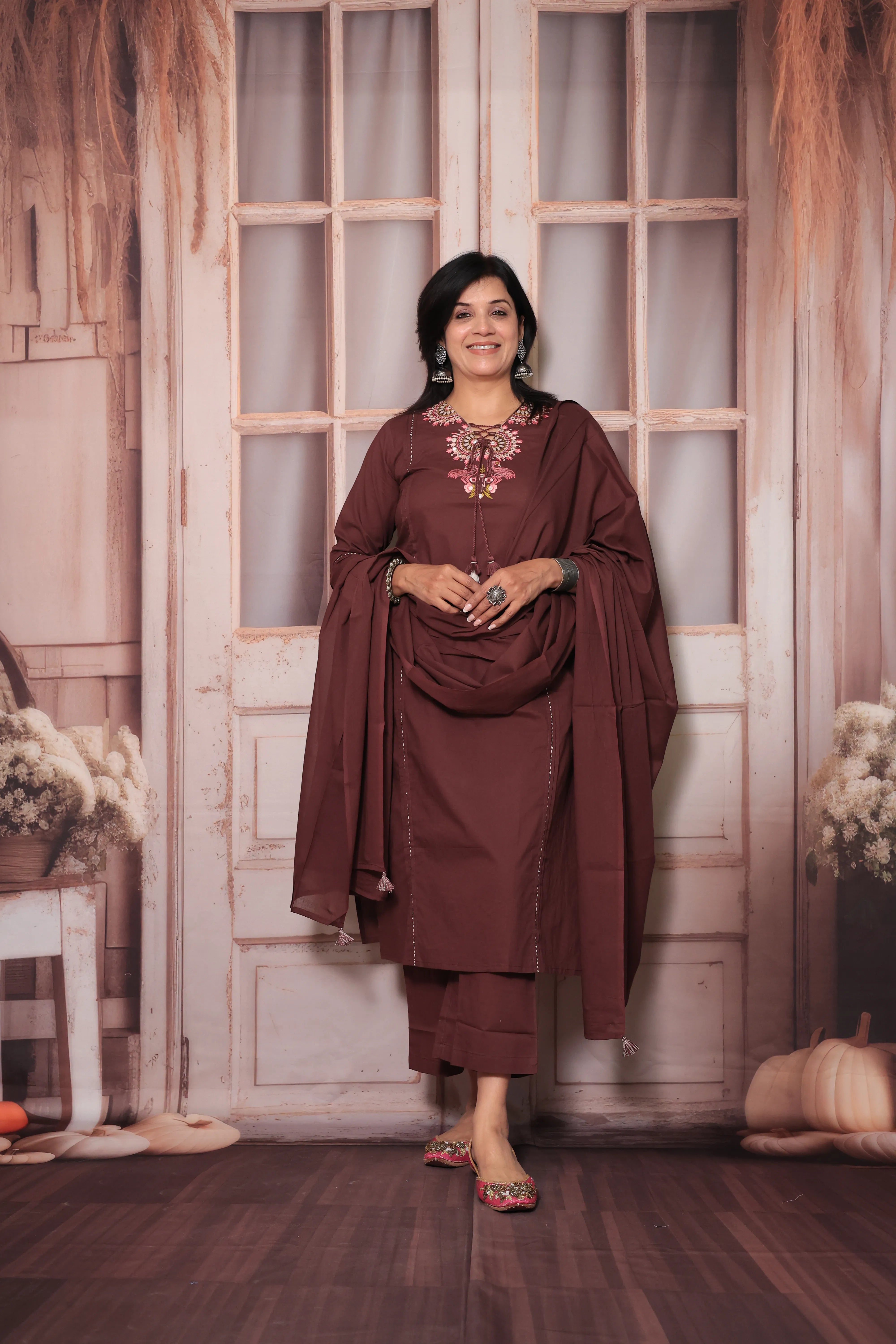 Athletic Maroon Floral Yoke Design Dupatta Set in Soft Cotton for Women