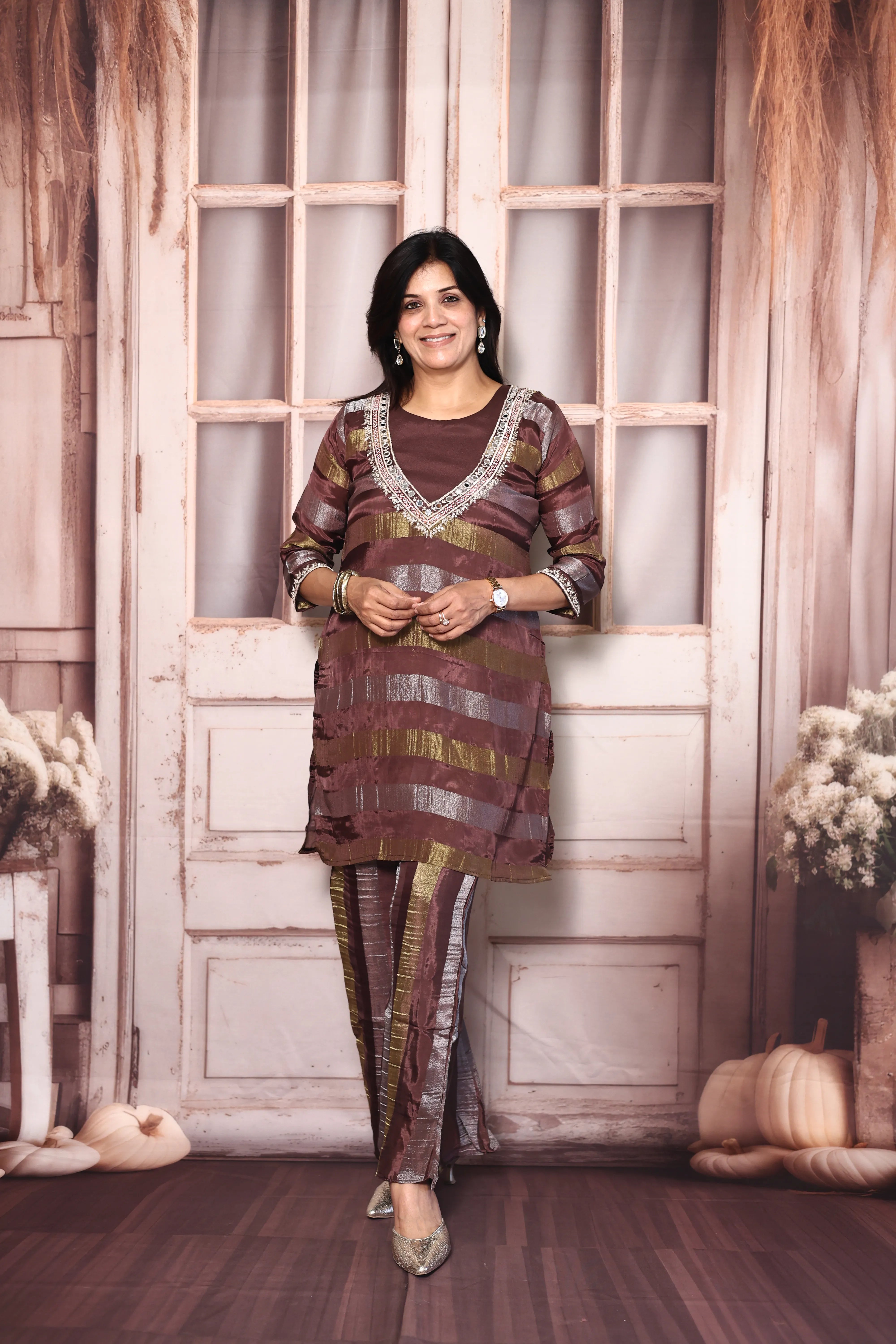 Chocolate Brown Deep Neck Palazzo Set with Bustier | Pearl, Sequins & Mirror Embroidered Tissue Co-Ord Set