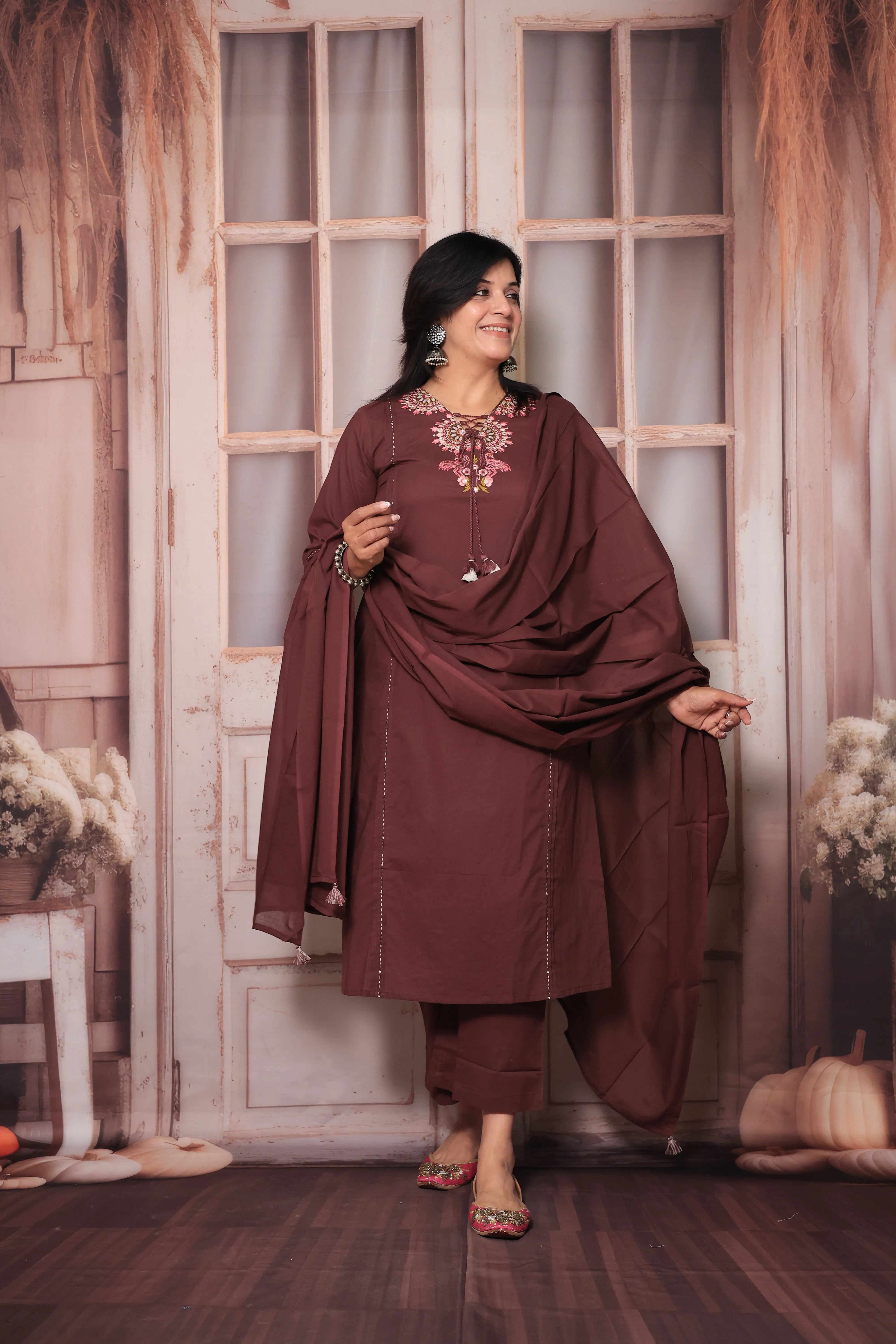 Athletic Maroon Floral Yoke Design Dupatta Set in Soft Cotton for Women
